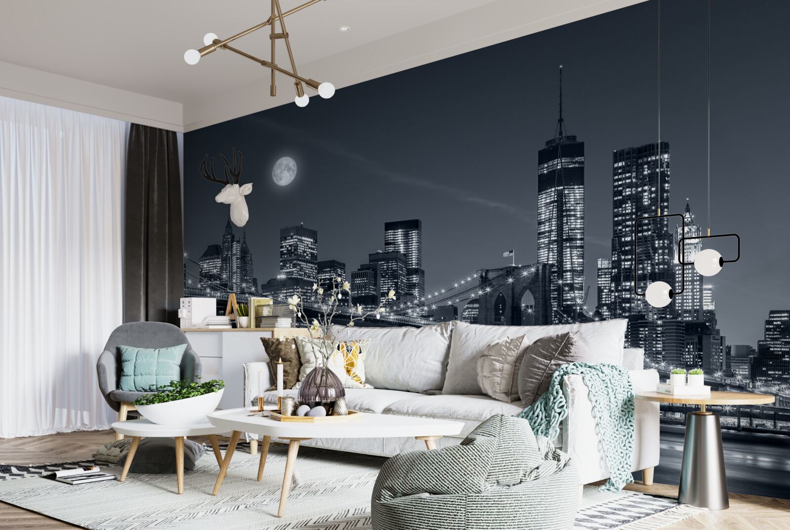 Fototapeta čiernobiele mesto new york vo svetle splnu mesiaca