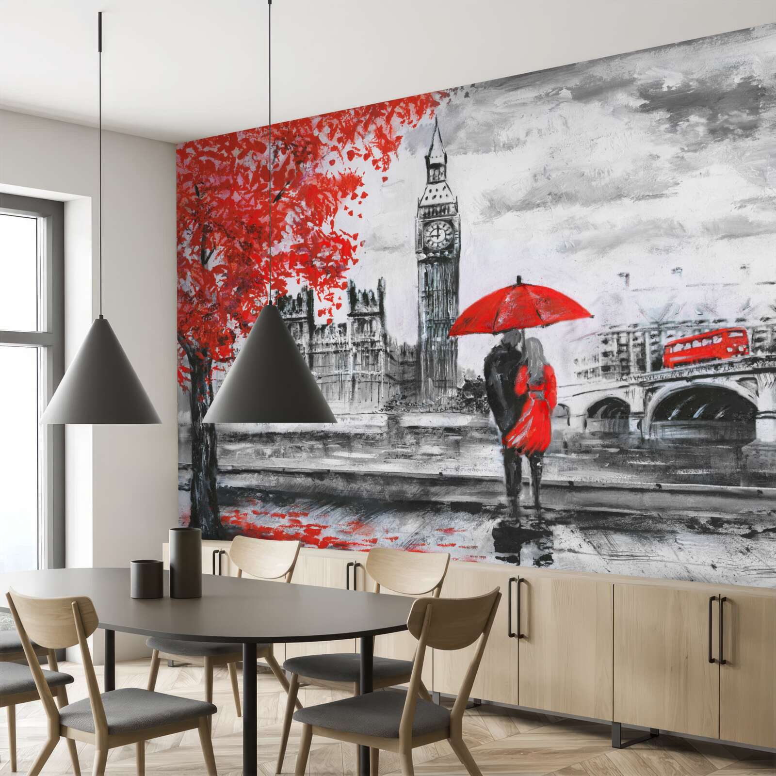 Fototapeta dvaja ľudia pod šarlátovým dáždnikom pozerajú na Big Ben