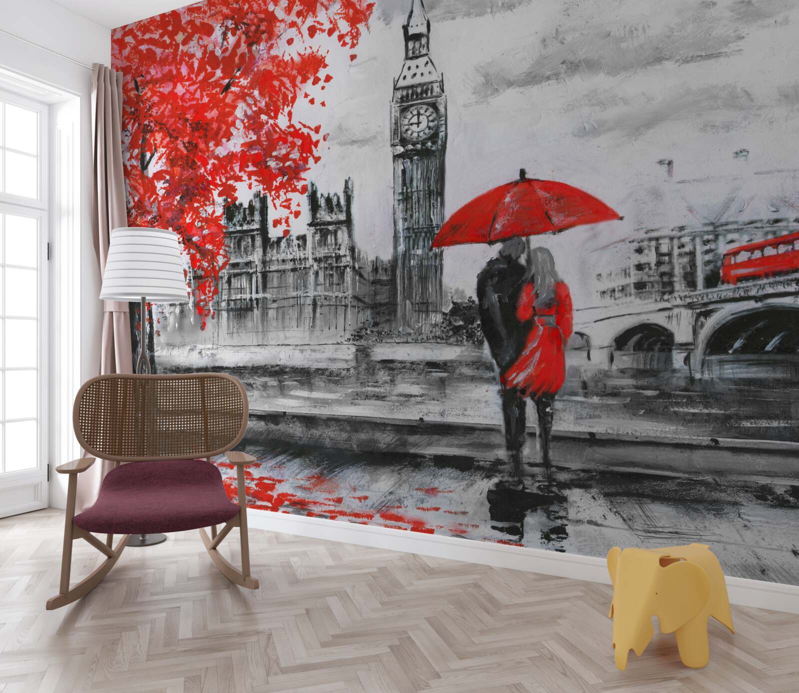 Fototapeta dvaja ľudia pod šarlátovým dáždnikom pozerajú na Big Ben