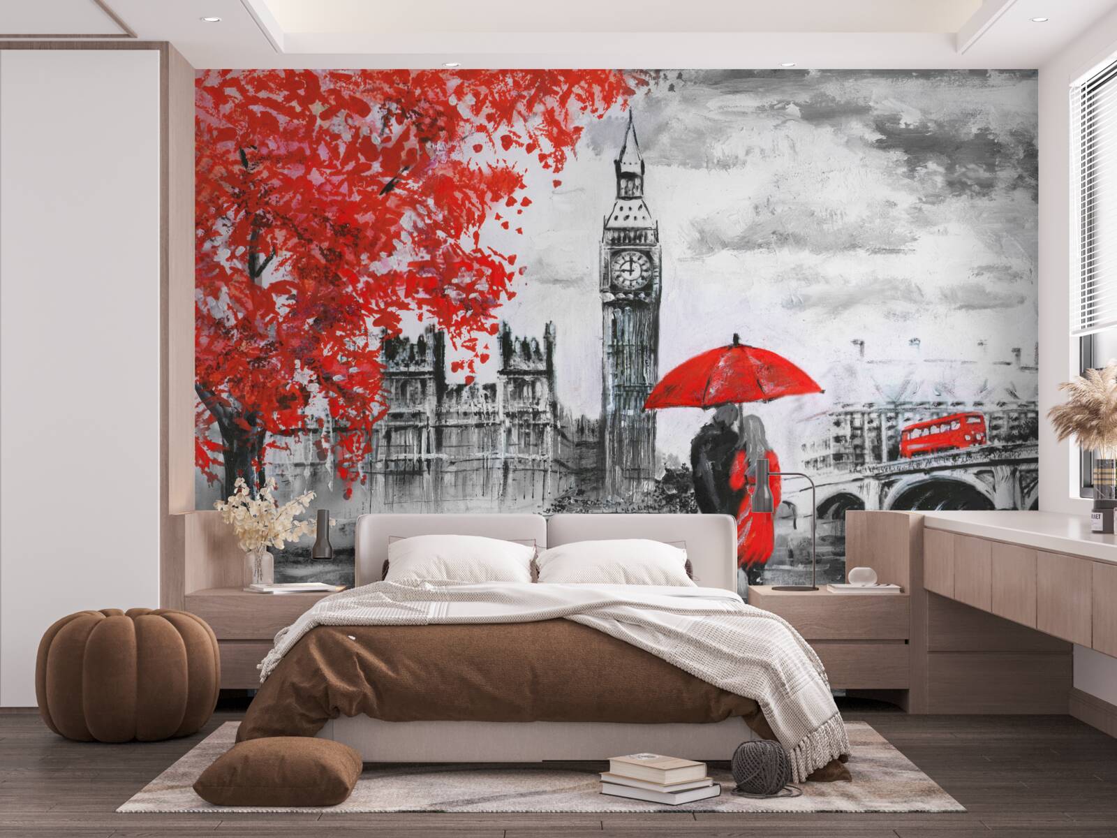 Fototapeta dvaja ľudia pod šarlátovým dáždnikom pozerajú na Big Ben