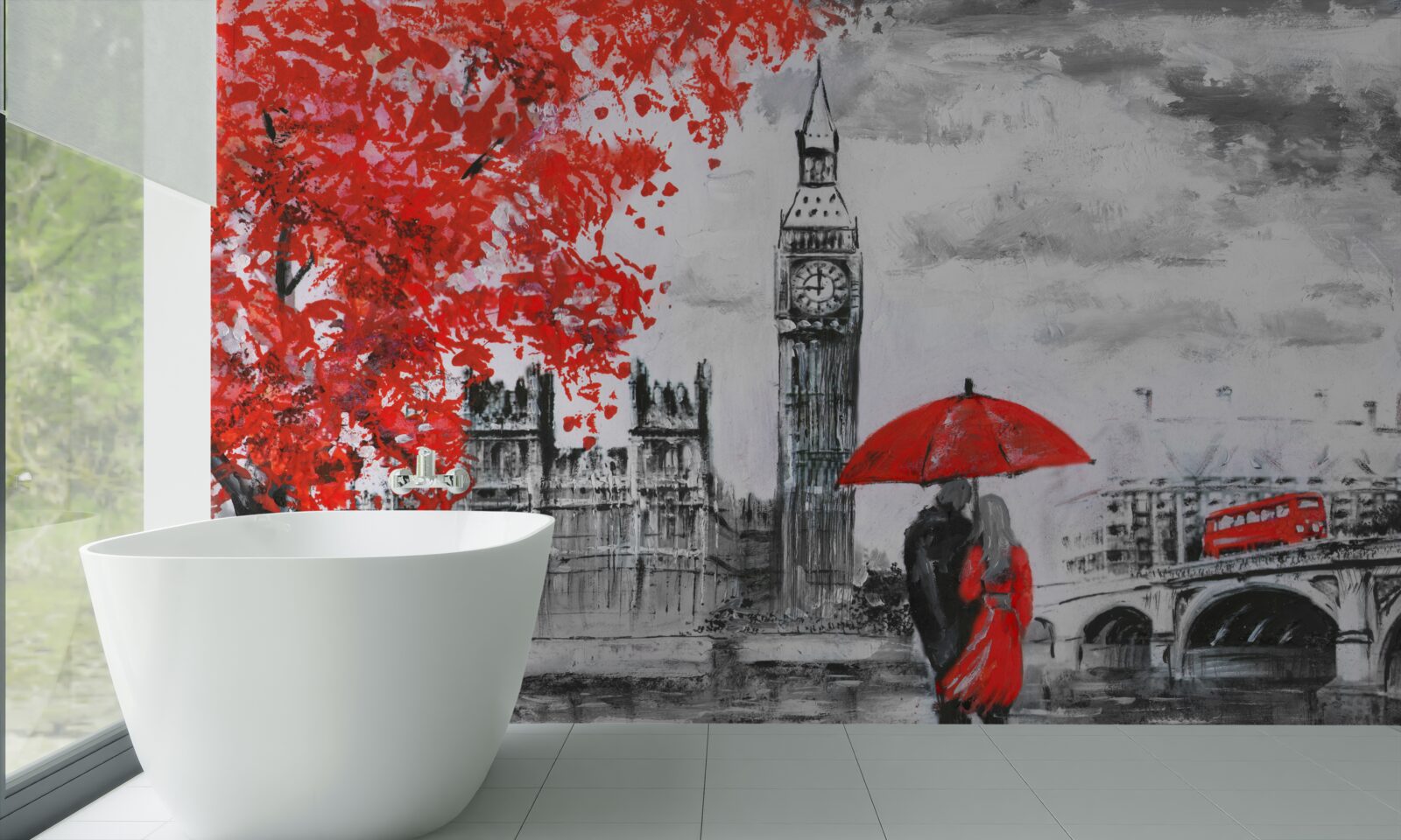 Fototapeta dvaja ľudia pod šarlátovým dáždnikom pozerajú na Big Ben