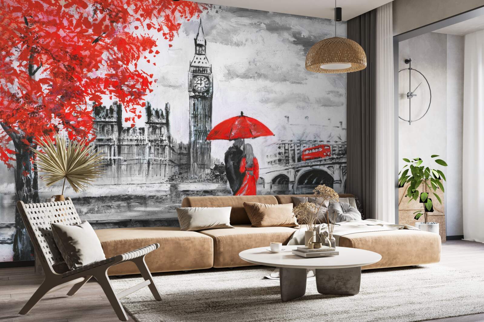 Fototapeta dvaja ľudia pod šarlátovým dáždnikom pozerajú na Big Ben