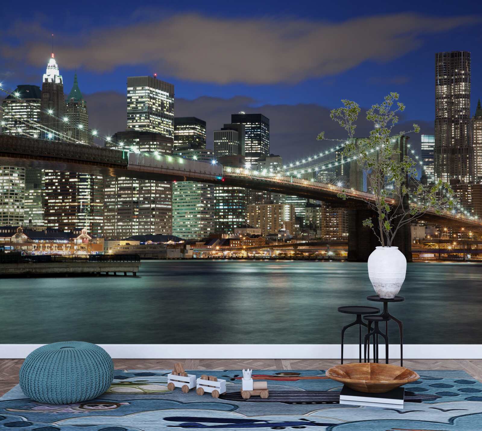 Fototapeta mesto v noci zdobí obrysy Brooklynského mosta