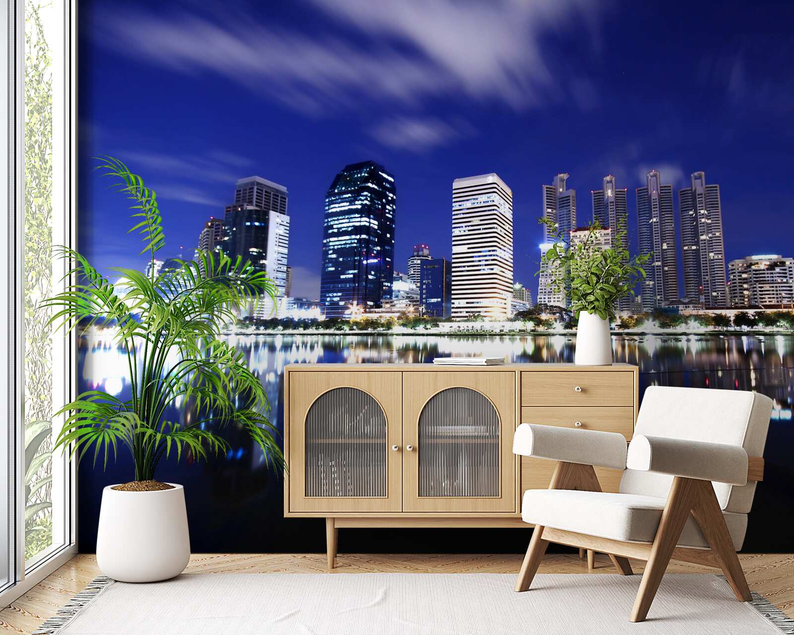 Fototapeta odraz mrakodrapov vo vode v noci