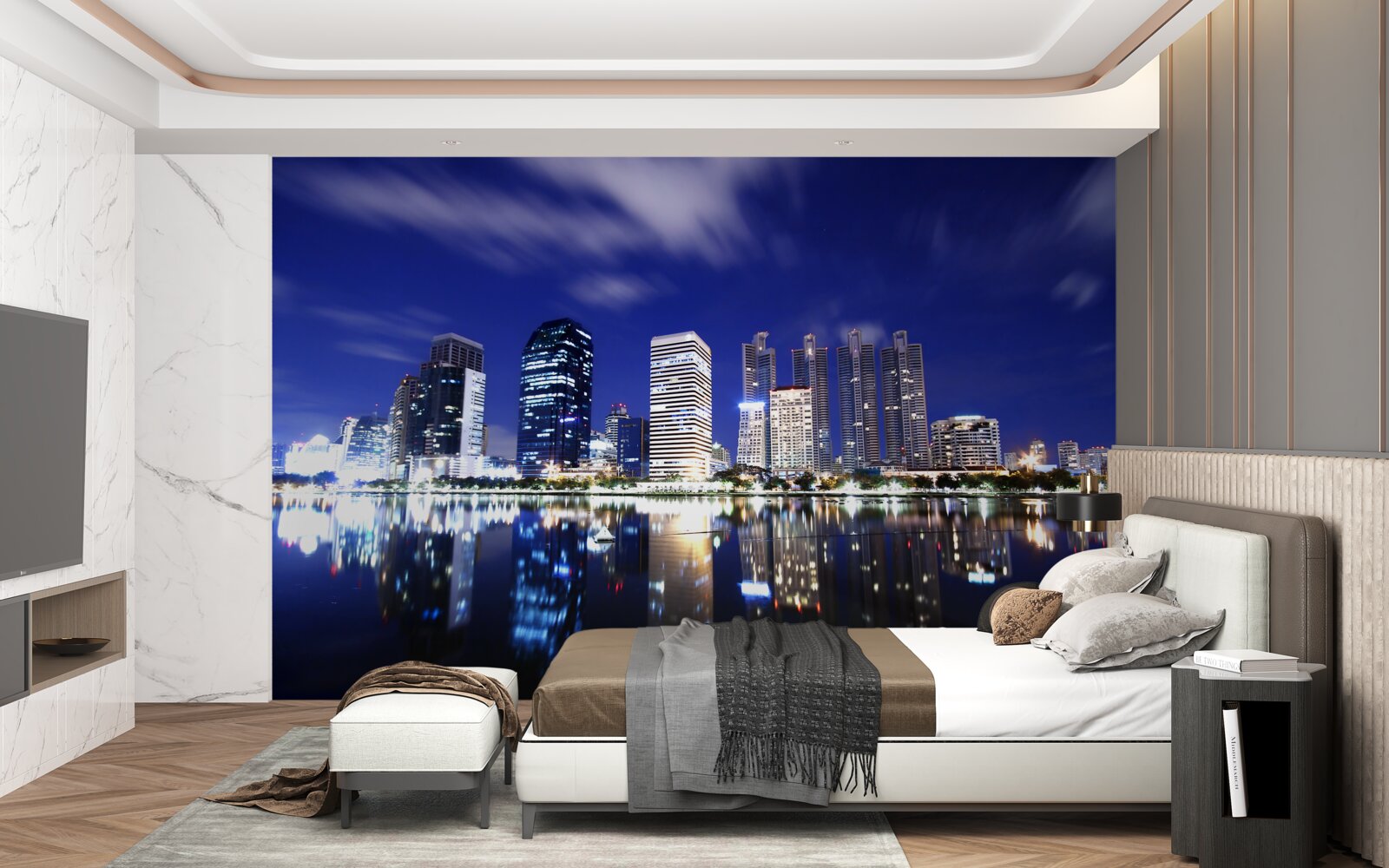 Fototapeta odraz mrakodrapov vo vode v noci