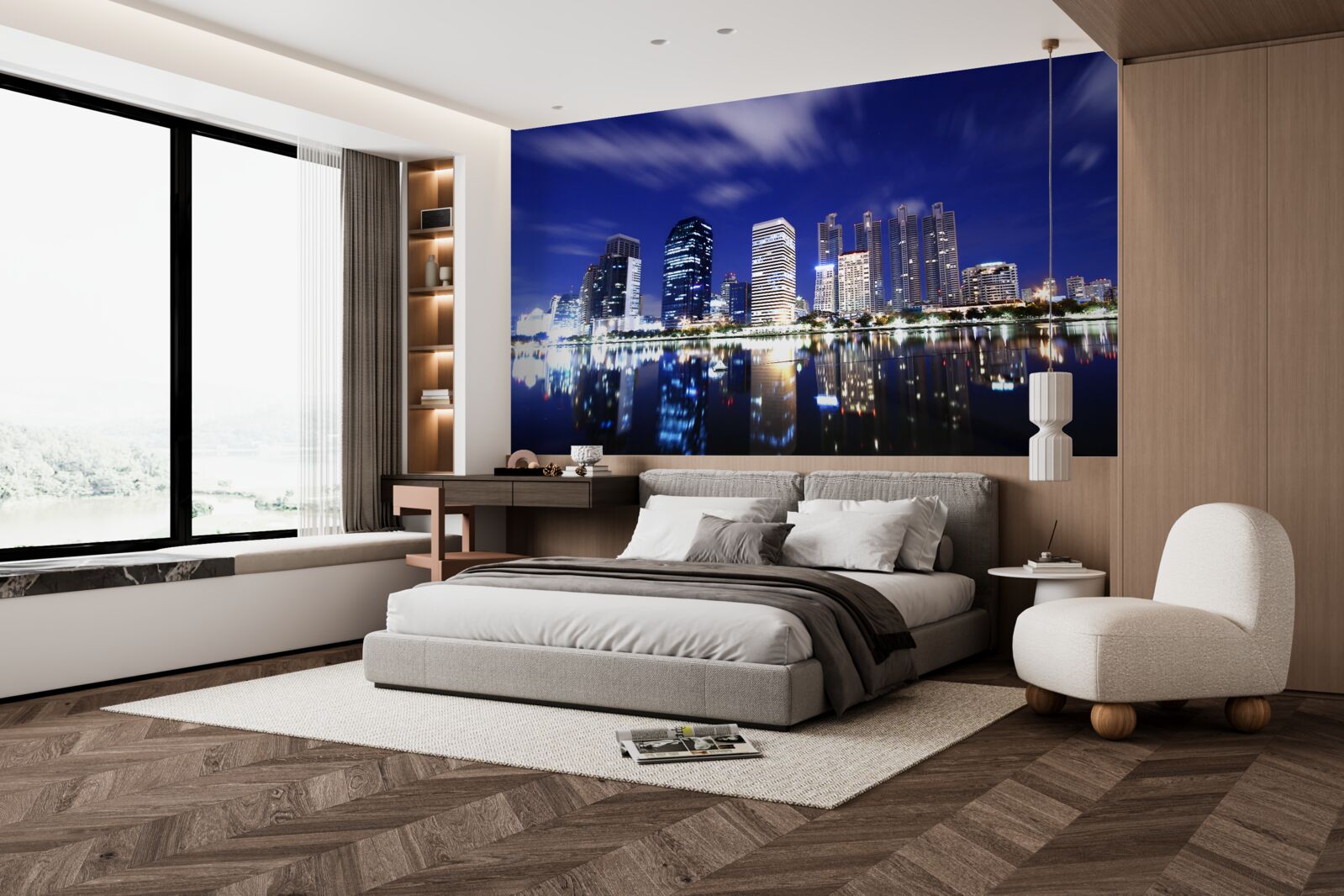 Fototapeta odraz mrakodrapov vo vode v noci