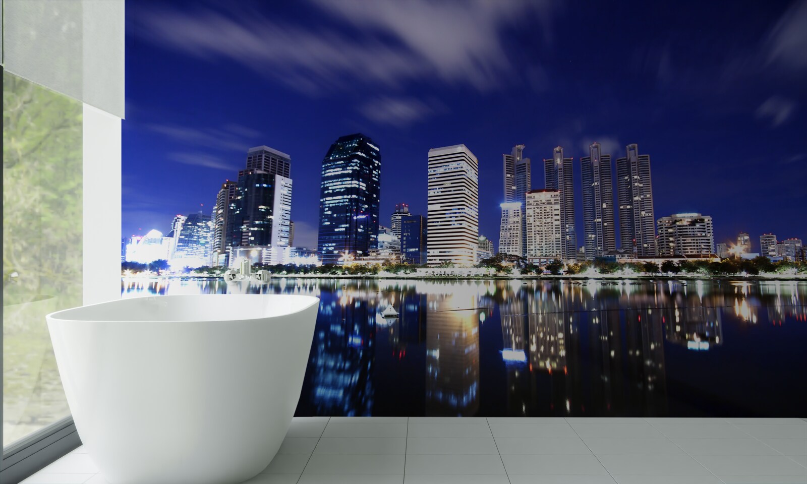 Fototapeta odraz mrakodrapov vo vode v noci