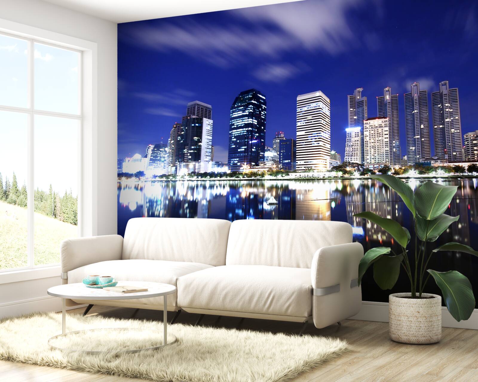 Fototapeta odraz mrakodrapov vo vode v noci