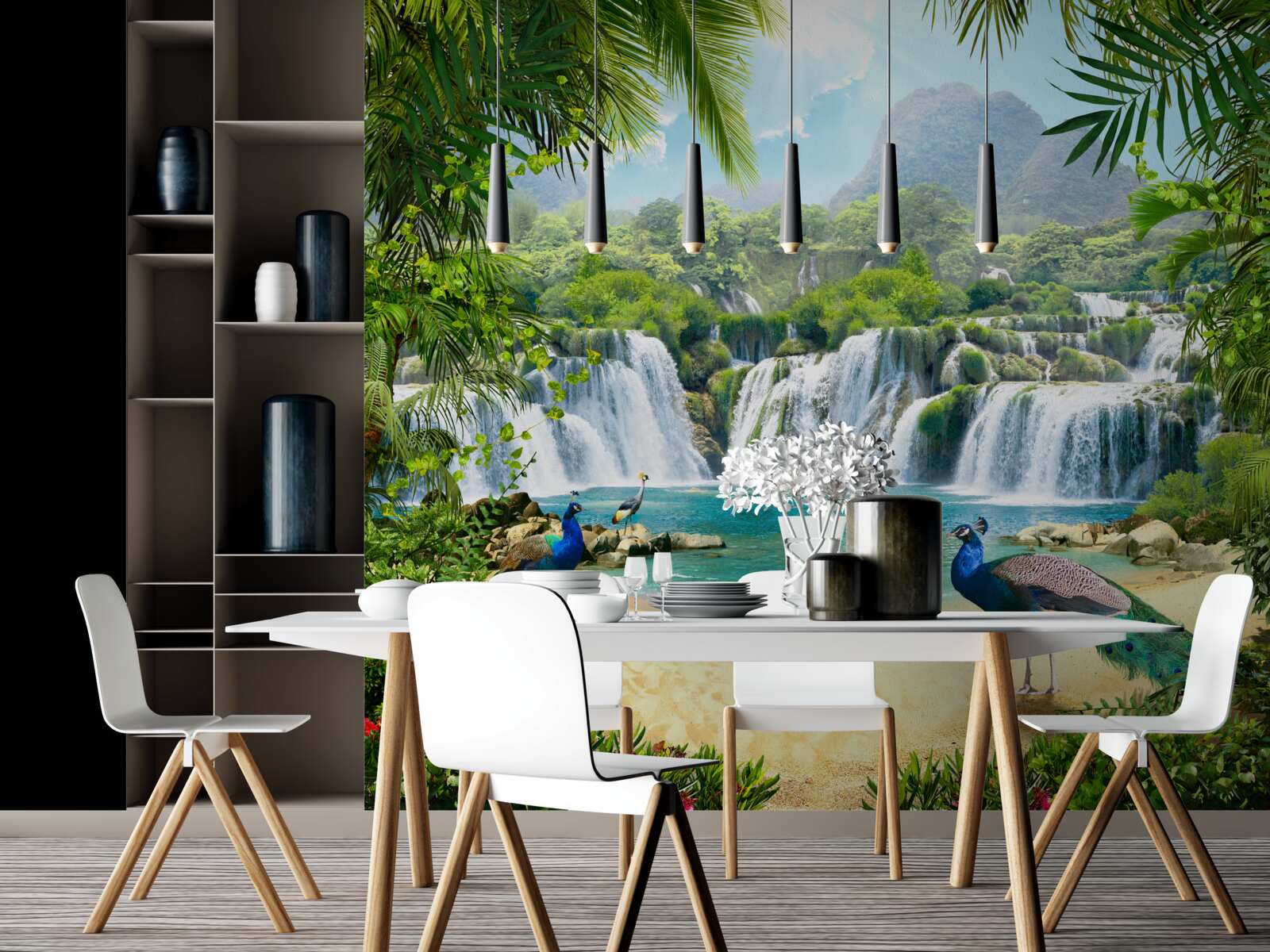 Fototapeta vodopád v čarovných trópoch, kde žijú pávy