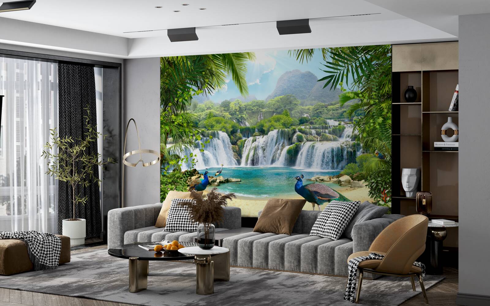Fototapeta vodopád v čarovných trópoch, kde žijú pávy