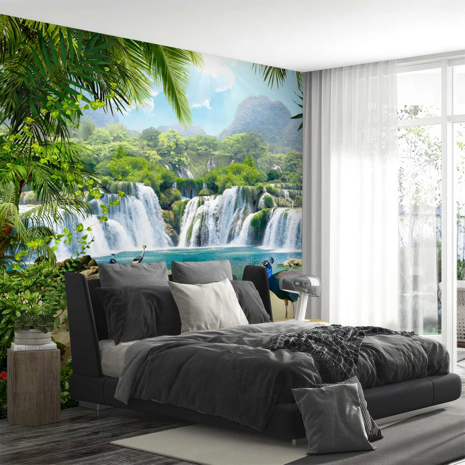 Fototapeta vodopád v čarovných trópoch, kde žijú pávy