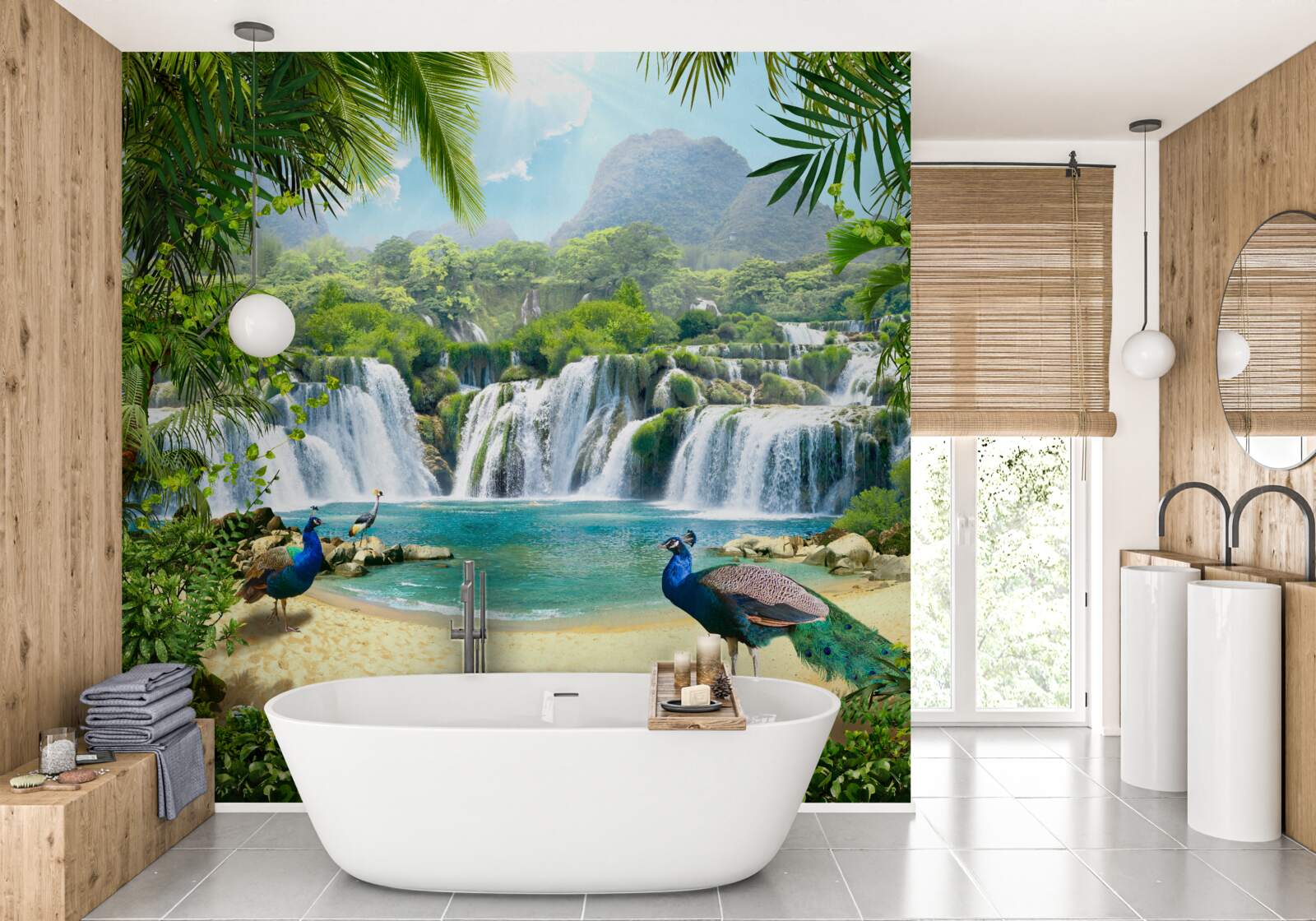 Fototapeta vodopád v čarovných trópoch, kde žijú pávy