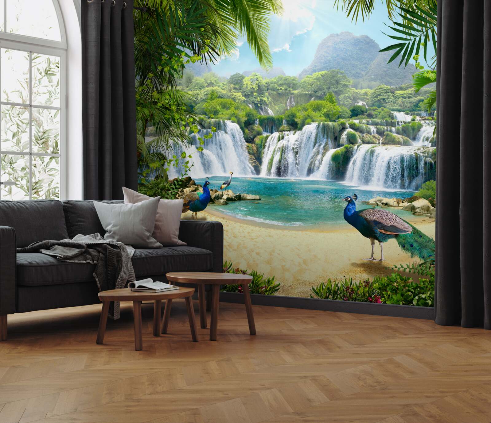 Fototapeta vodopád v čarovných trópoch, kde žijú pávy
