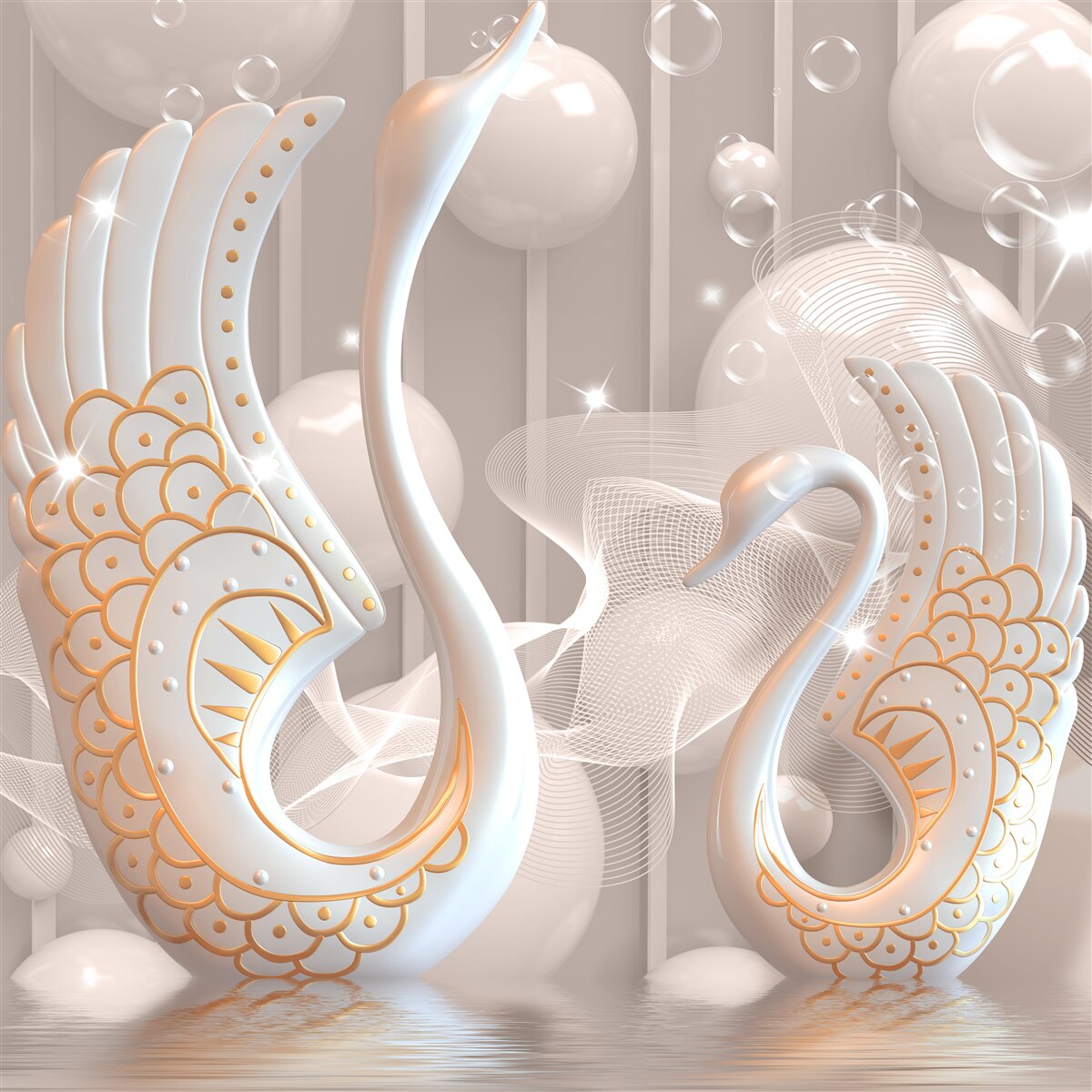 Fototapeta dve snehobiele labute so zlatým rámom