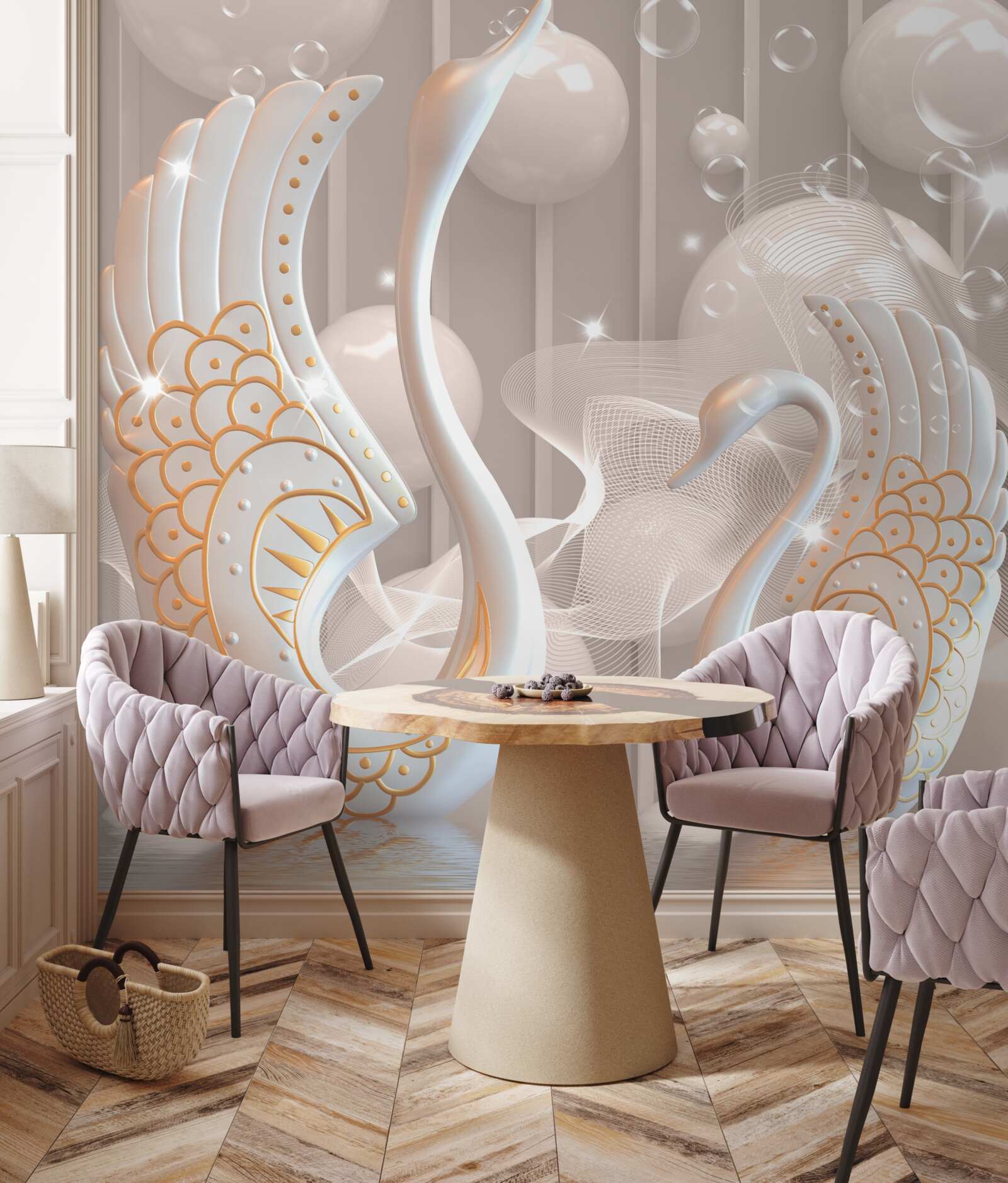 Fototapeta dve snehobiele labute so zlatým rámom