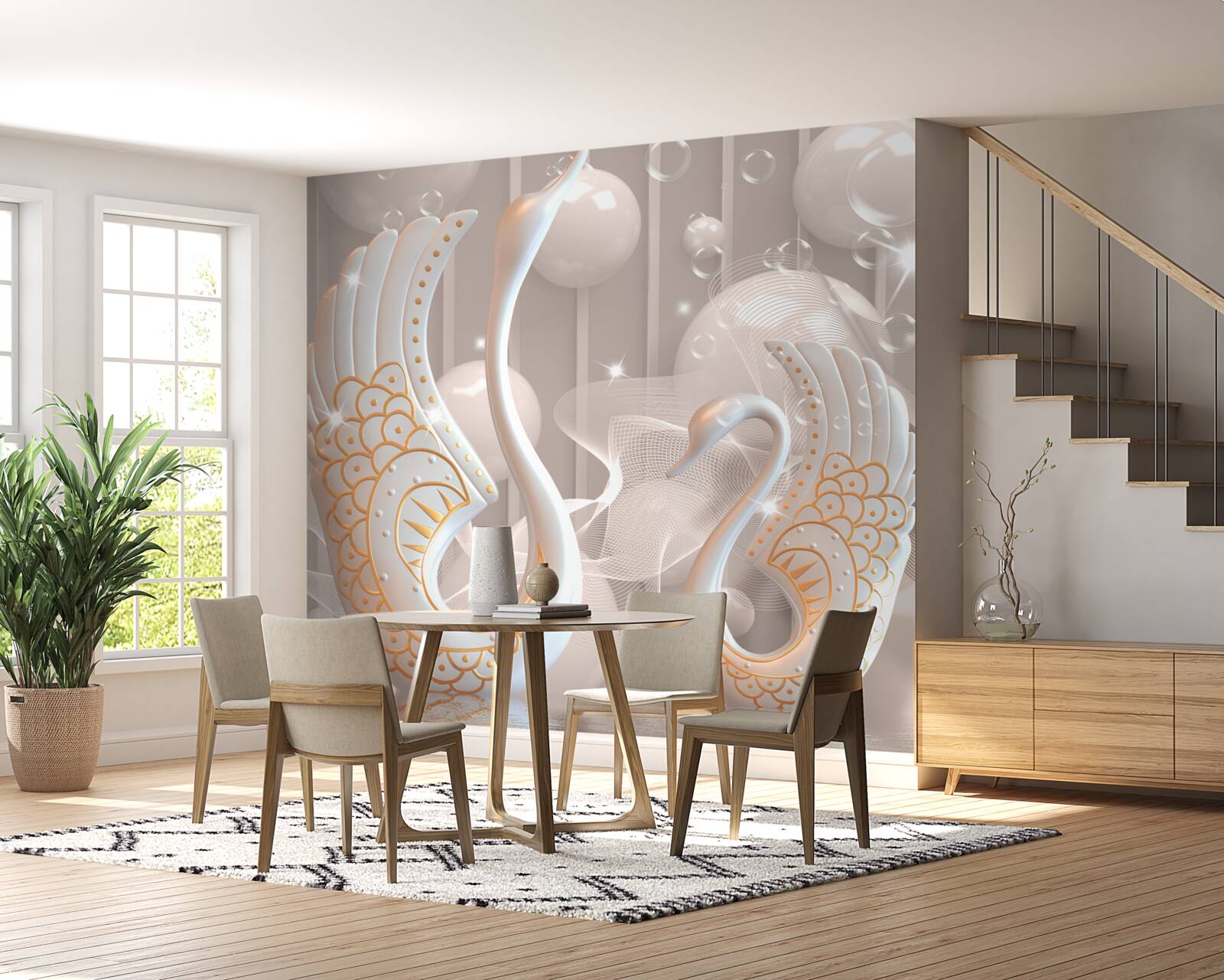 Fototapeta dve snehobiele labute so zlatým rámom