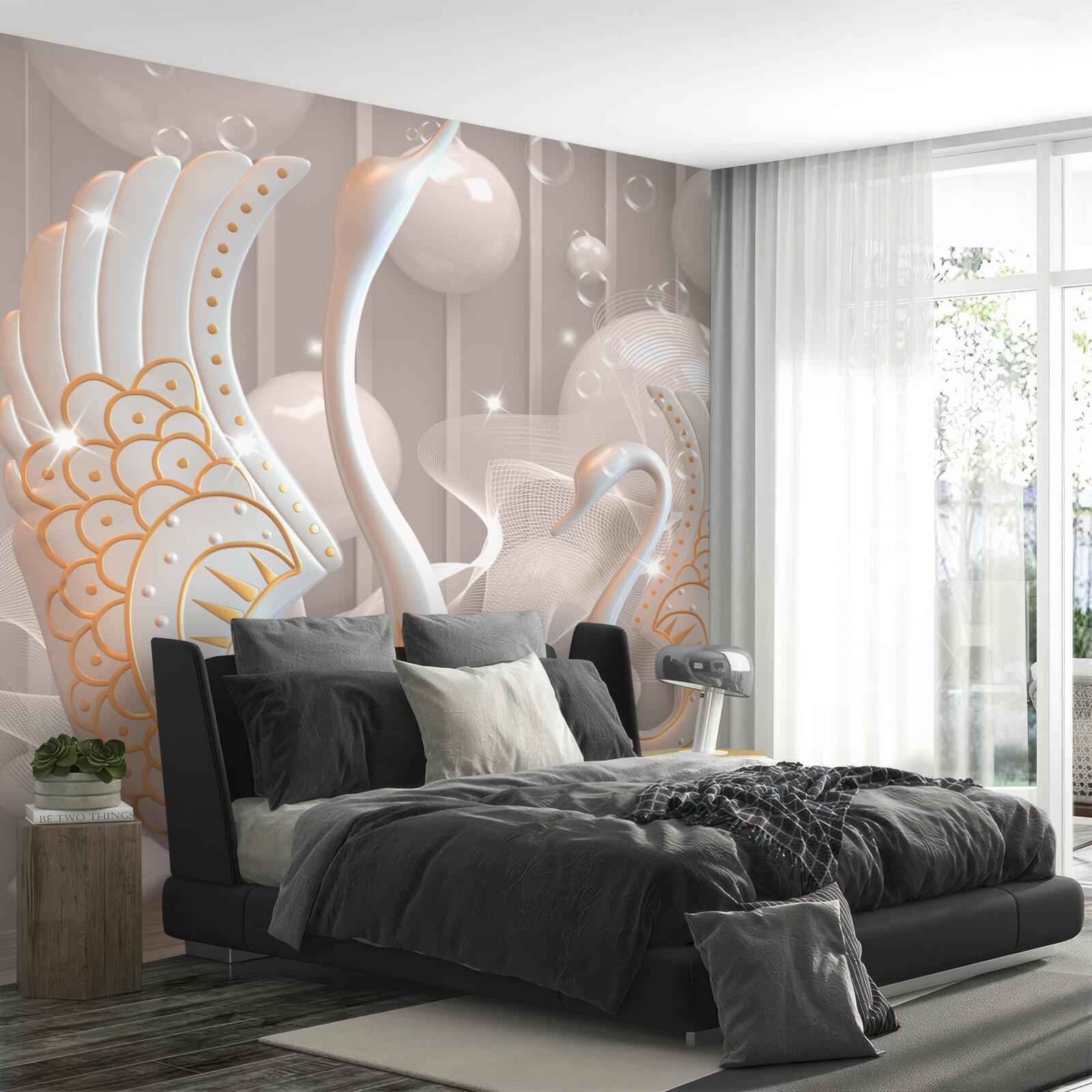 Fototapeta dve snehobiele labute so zlatým rámom