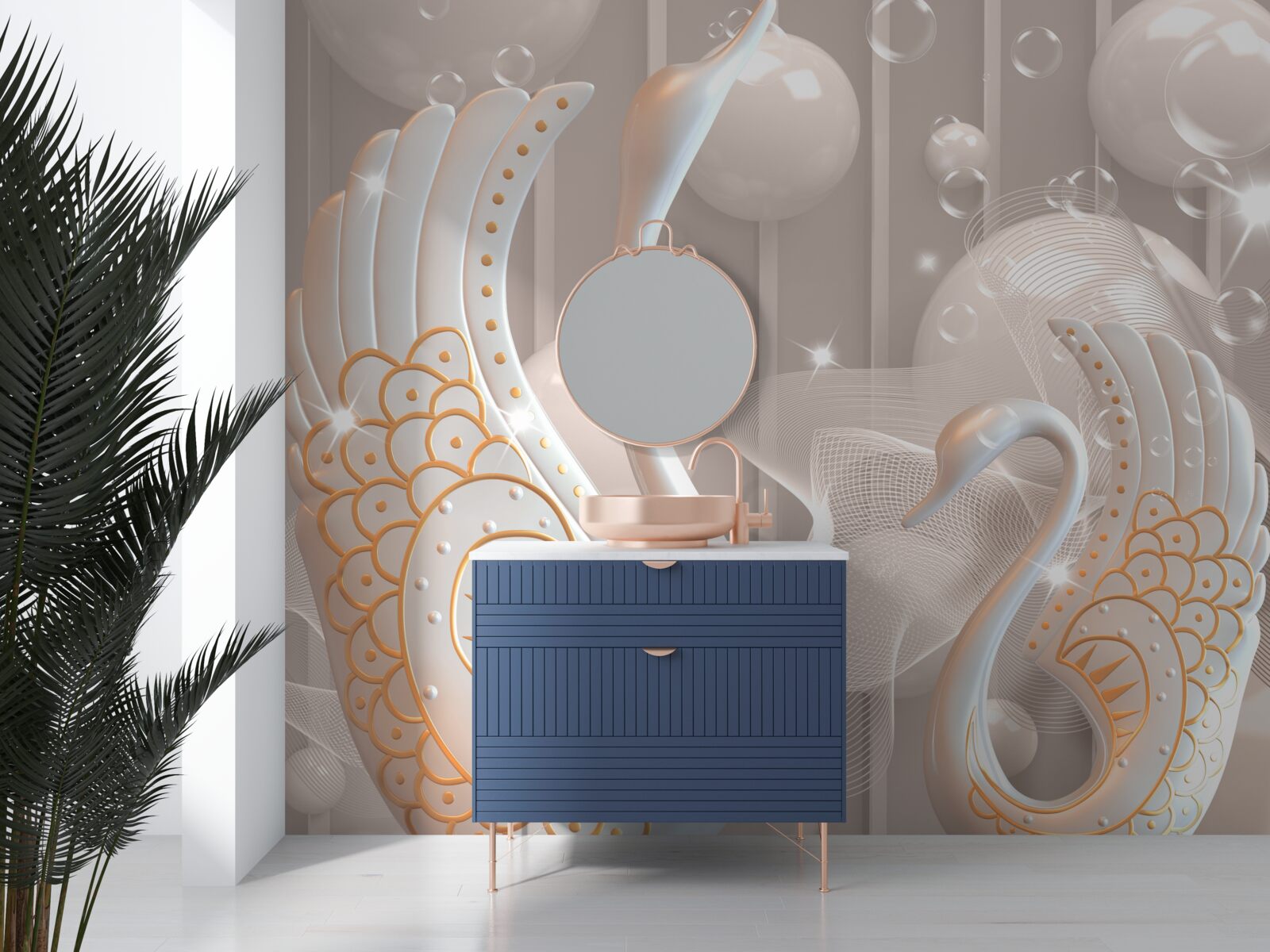 Fototapeta dve snehobiele labute so zlatým rámom