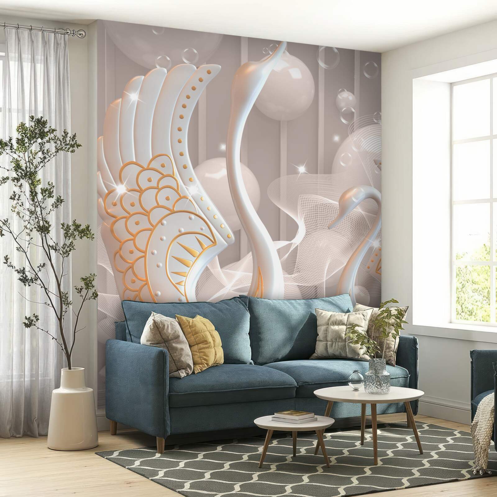 Fototapeta dve snehobiele labute so zlatým rámom