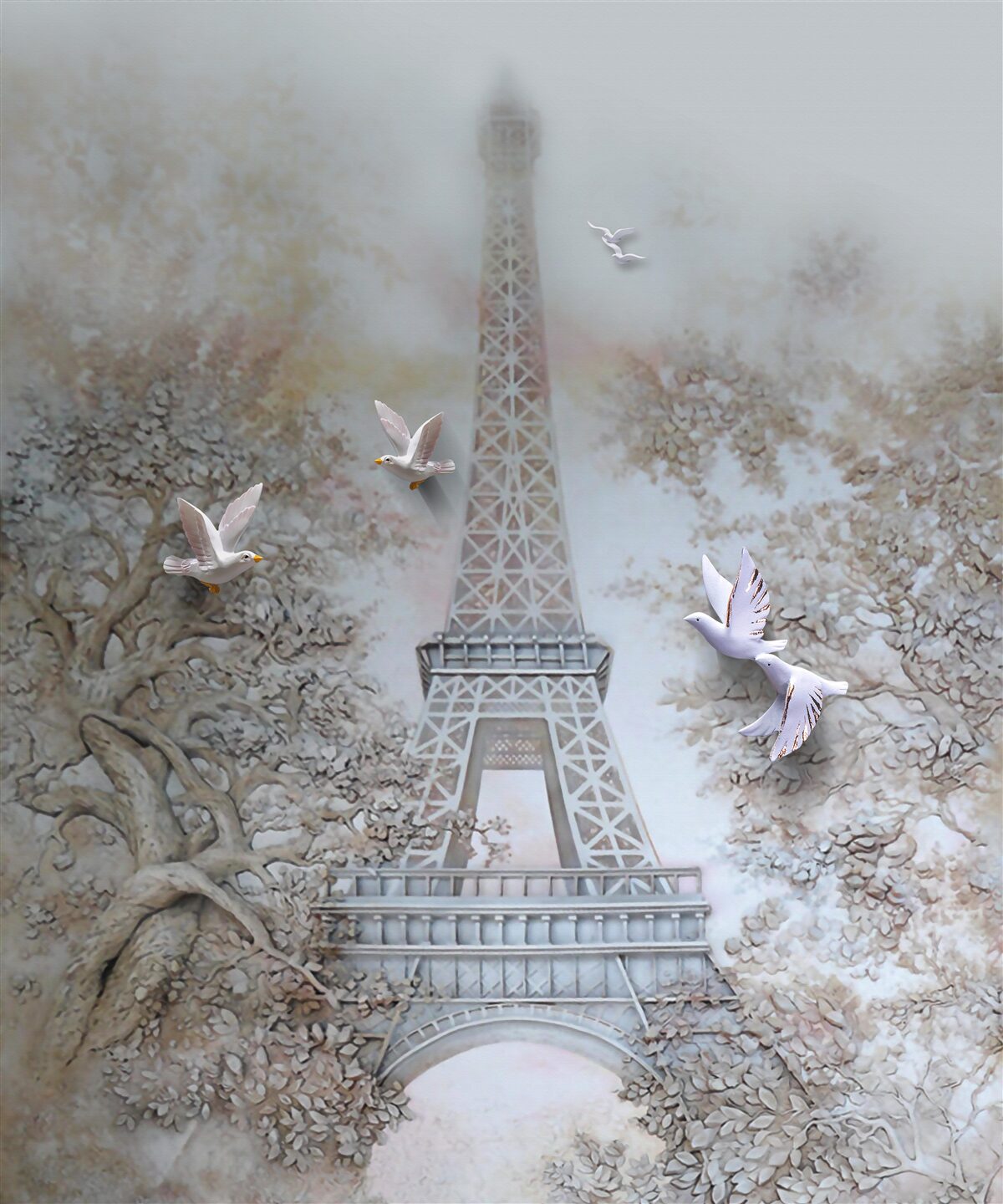 Fototapeta ranná hmla obklopuje Eiffelovu vežu