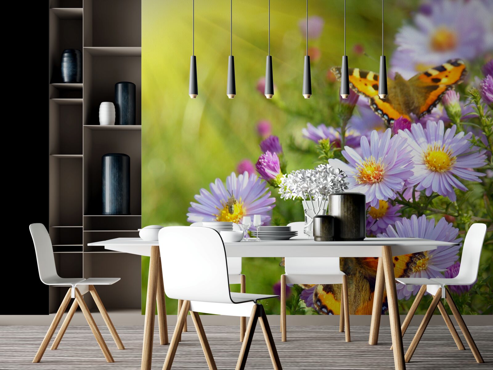 Fototapeta Lúka posiata modrými sedmokráskami a motýľmi