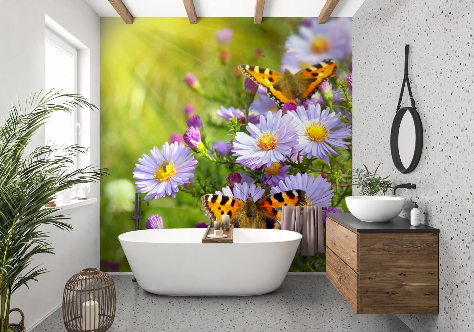 Fototapeta Lúka posiata modrými sedmokráskami a motýľmi