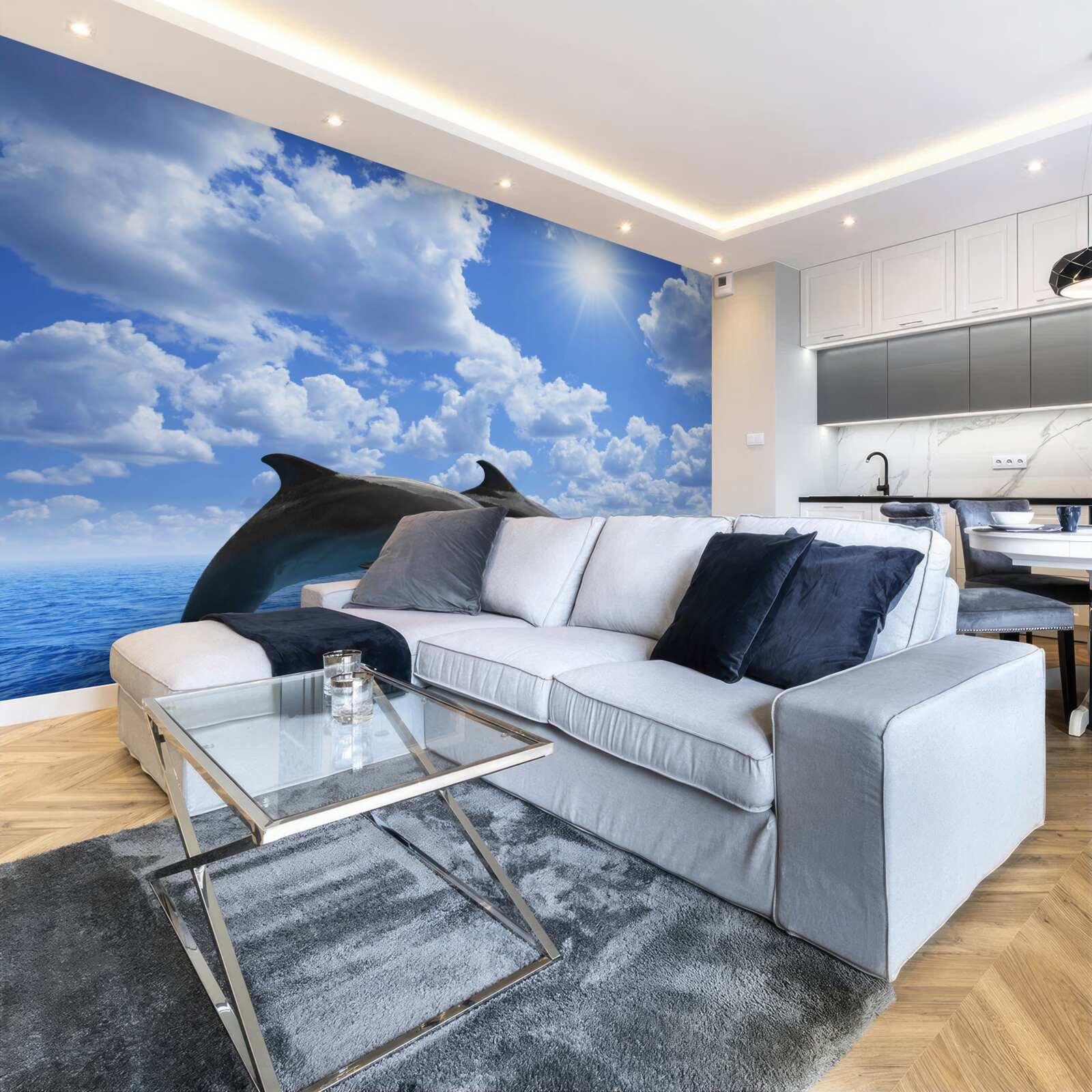 Fototapeta delfíny skákajúce cez vodnú hladinu