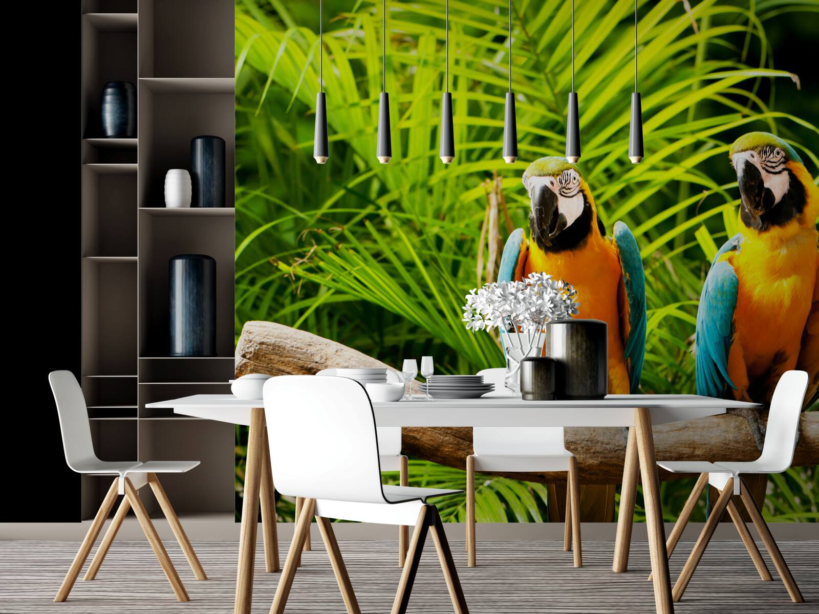 Fototapeta rodina papagájov papagájov na konári obklopenom zeleňou