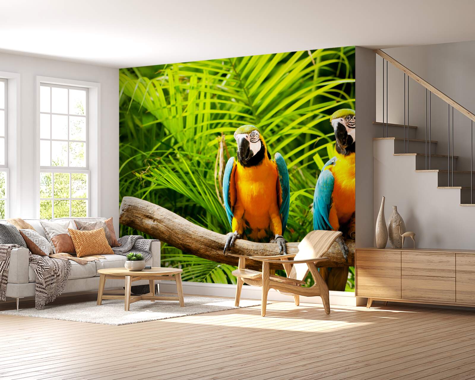 Fototapeta rodina papagájov papagájov na konári obklopenom zeleňou