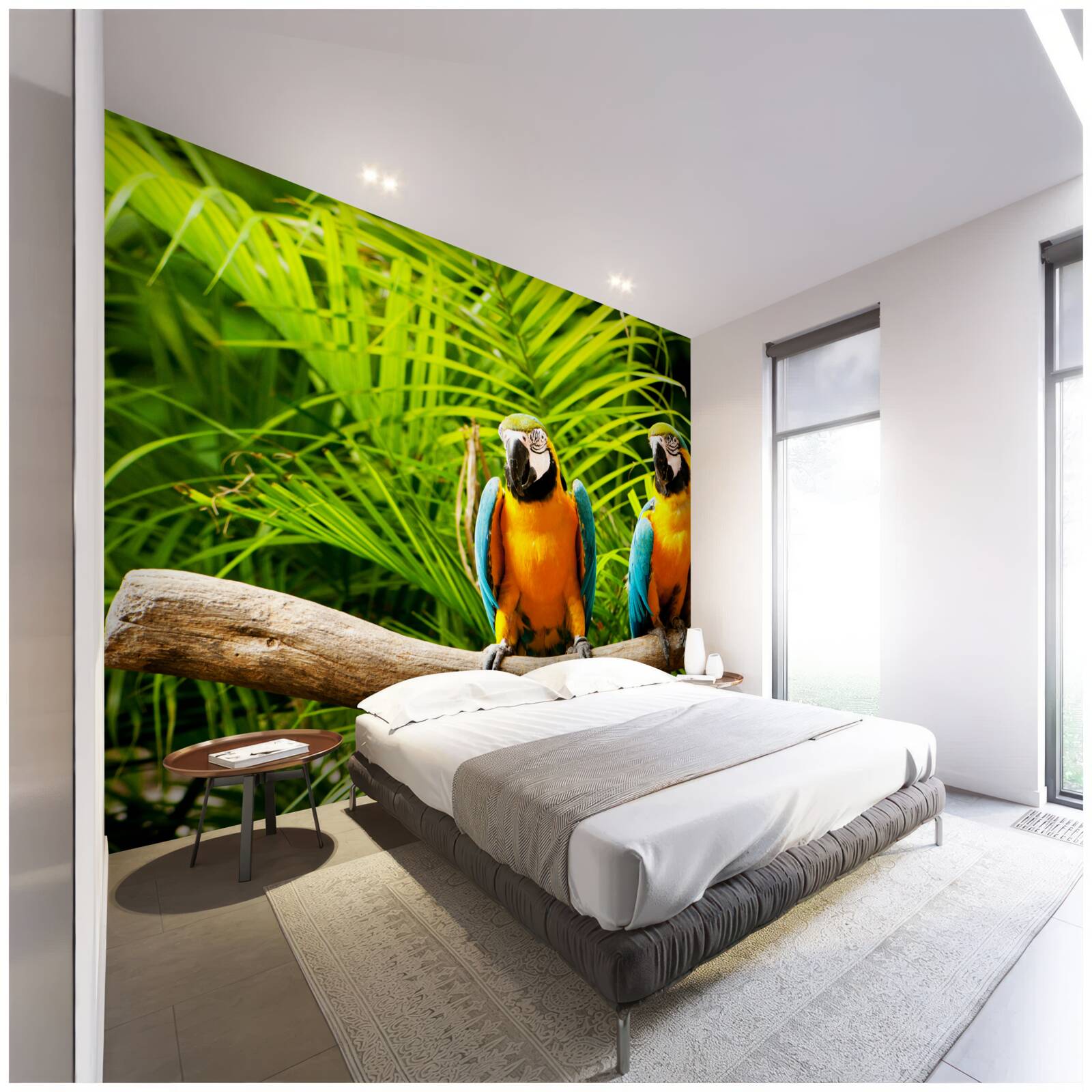 Fototapeta rodina papagájov papagájov na konári obklopenom zeleňou