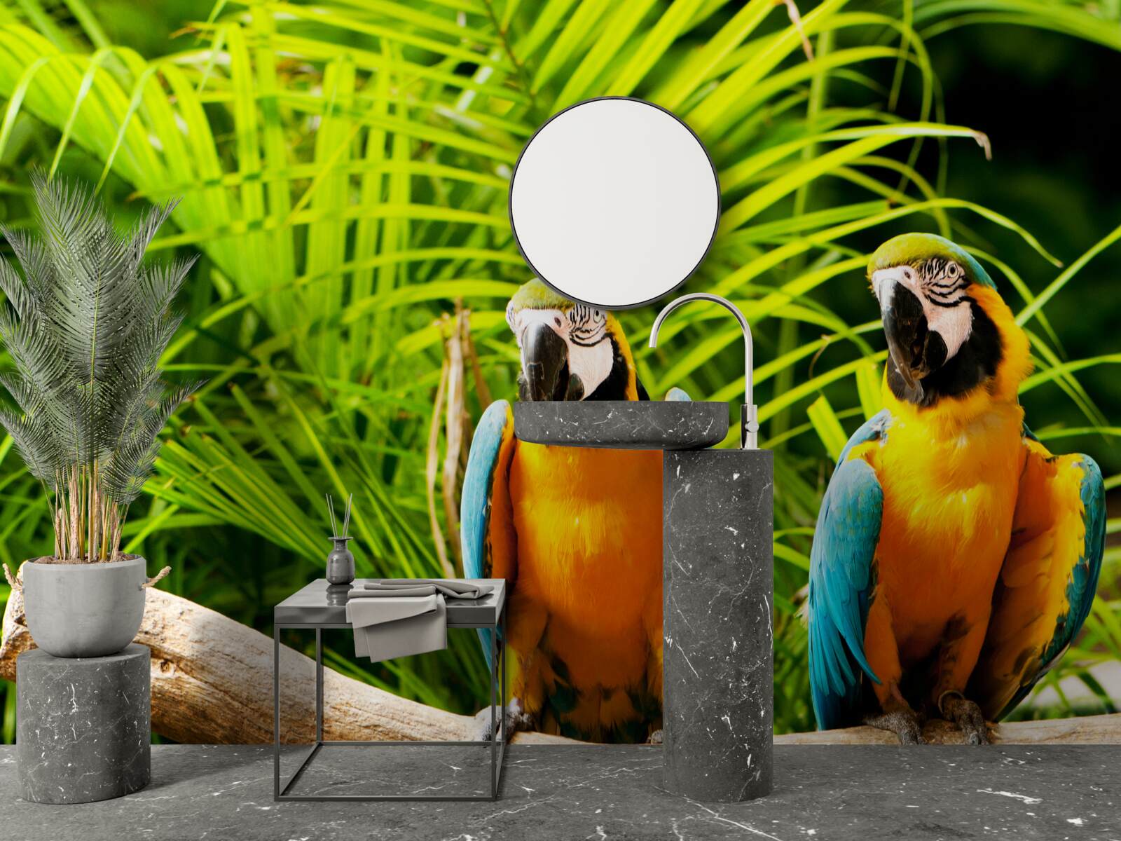 Fototapeta rodina papagájov papagájov na konári obklopenom zeleňou
