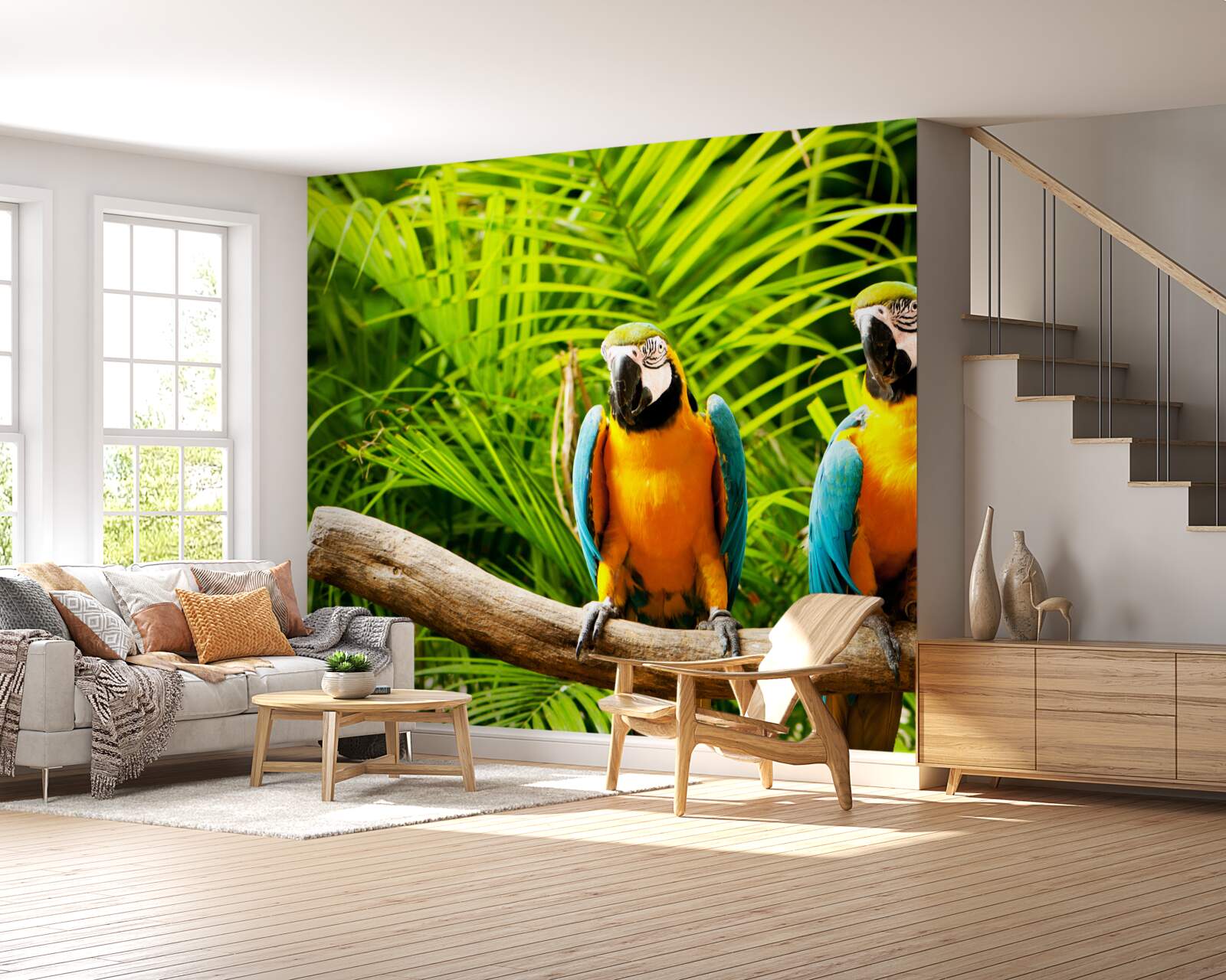 Fototapeta rodina papagájov papagájov na konári obklopenom zeleňou