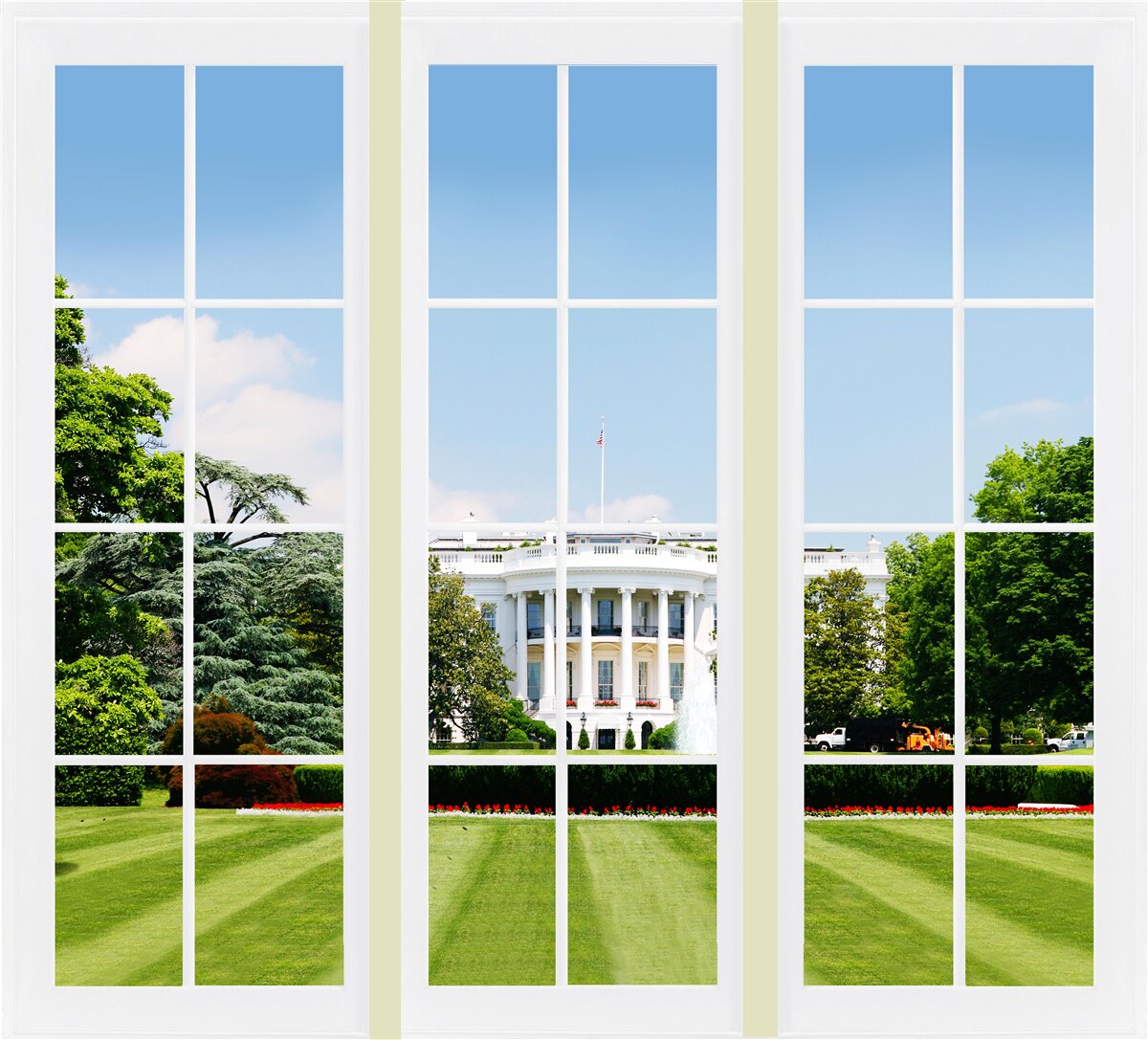 Fototapeta dom je snehovo biely s výhľadom na zelené lúky v oknách