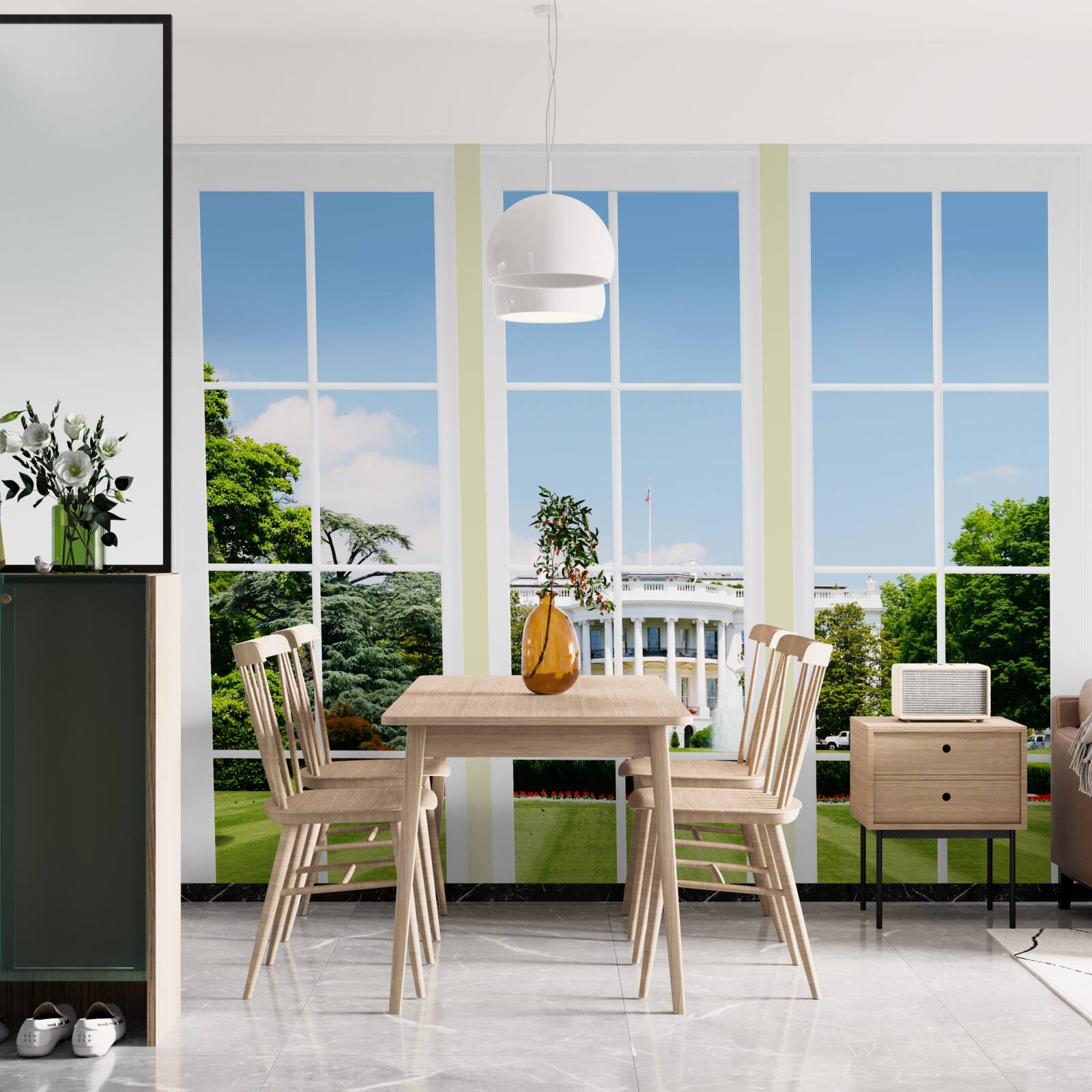 Fototapeta dom je snehovo biely s výhľadom na zelené lúky v oknách