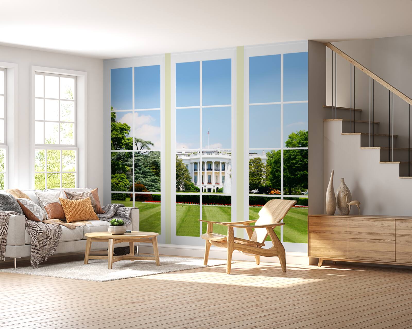 Fototapeta dom je snehovo biely s výhľadom na zelené lúky v oknách