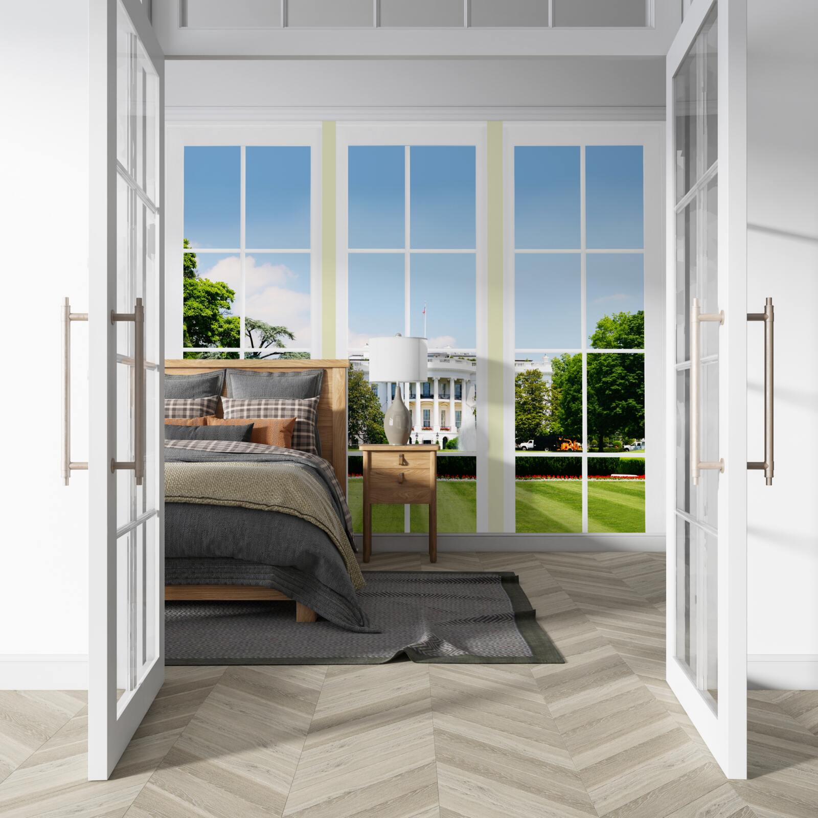 Fototapeta dom je snehovo biely s výhľadom na zelené lúky v oknách