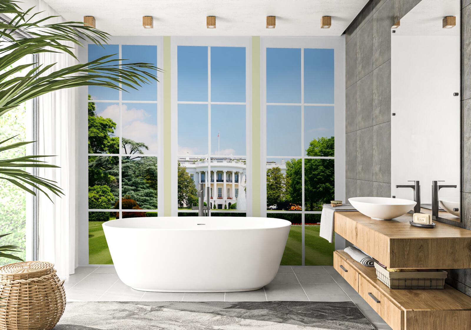 Fototapeta dom je snehovo biely s výhľadom na zelené lúky v oknách