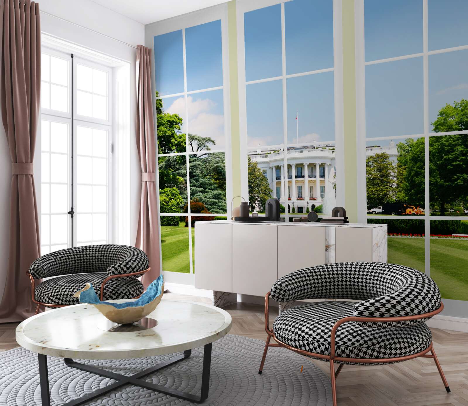 Fototapeta dom je snehovo biely s výhľadom na zelené lúky v oknách