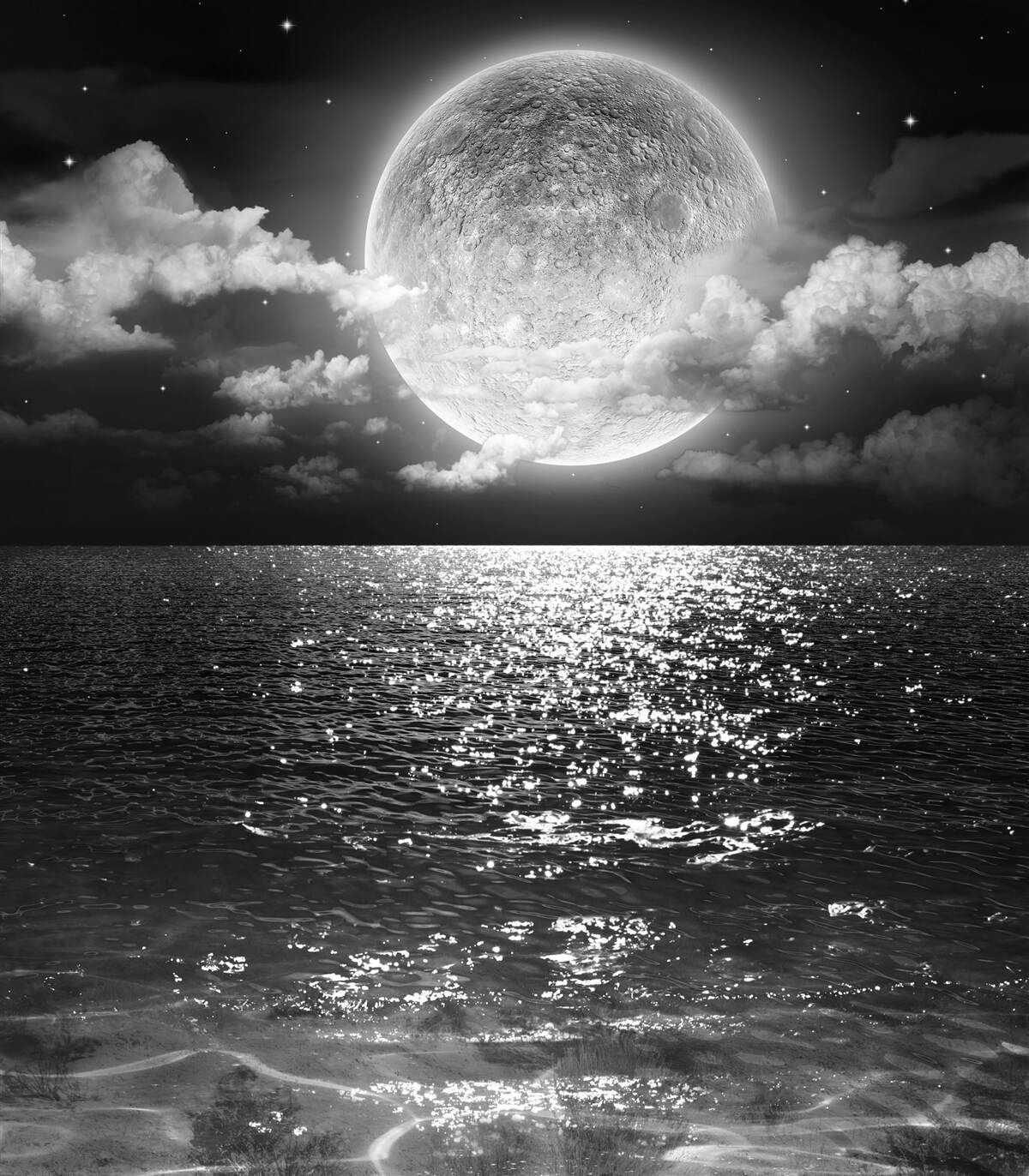 Fototapeta západ slnka nad morom na Mesiaci s čiernym a bielym odtieňom