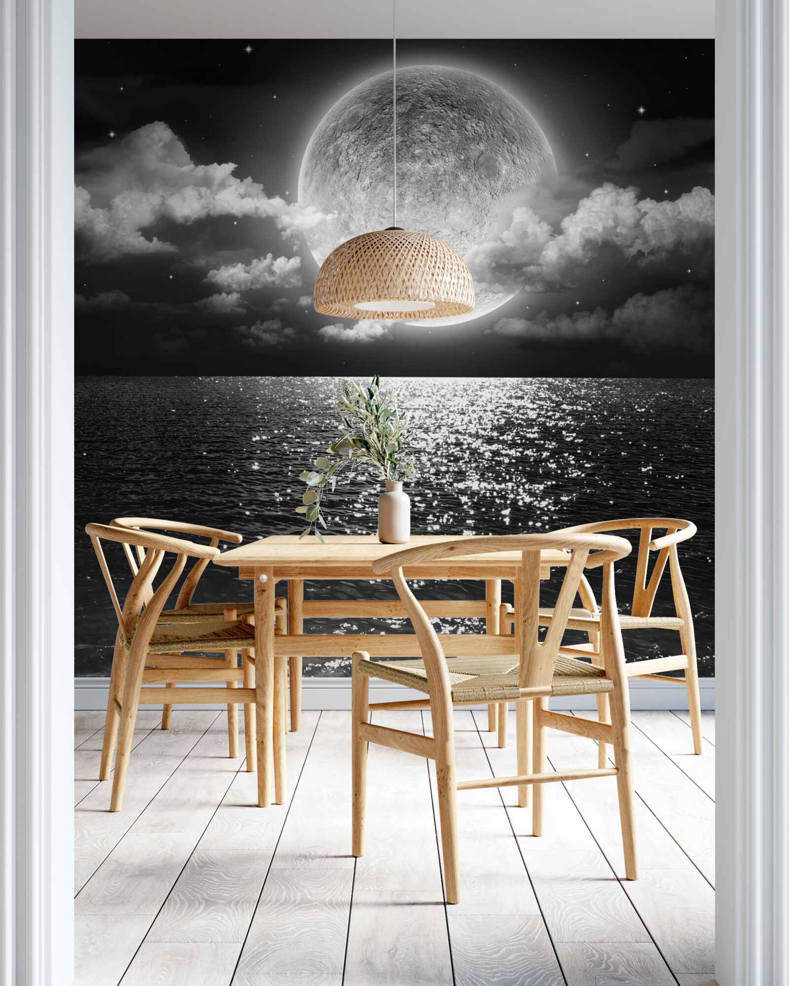 Fototapeta západ slnka nad morom na Mesiaci s čiernym a bielym odtieňom