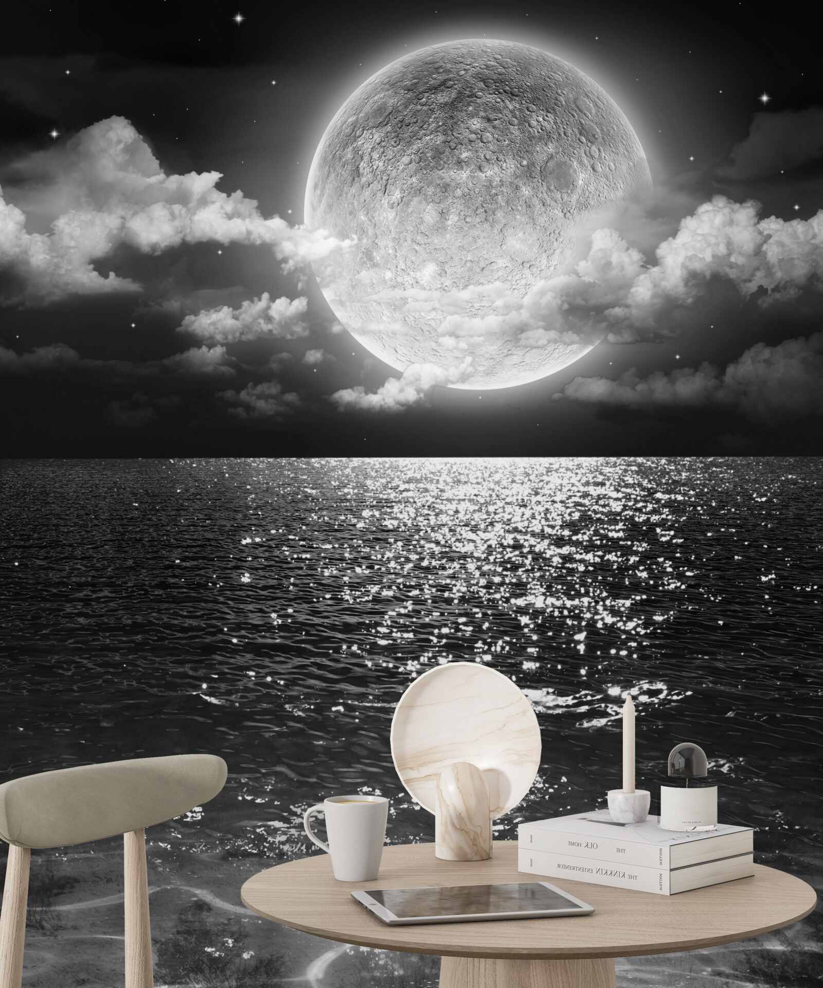 Fototapeta západ slnka nad morom na Mesiaci s čiernym a bielym odtieňom