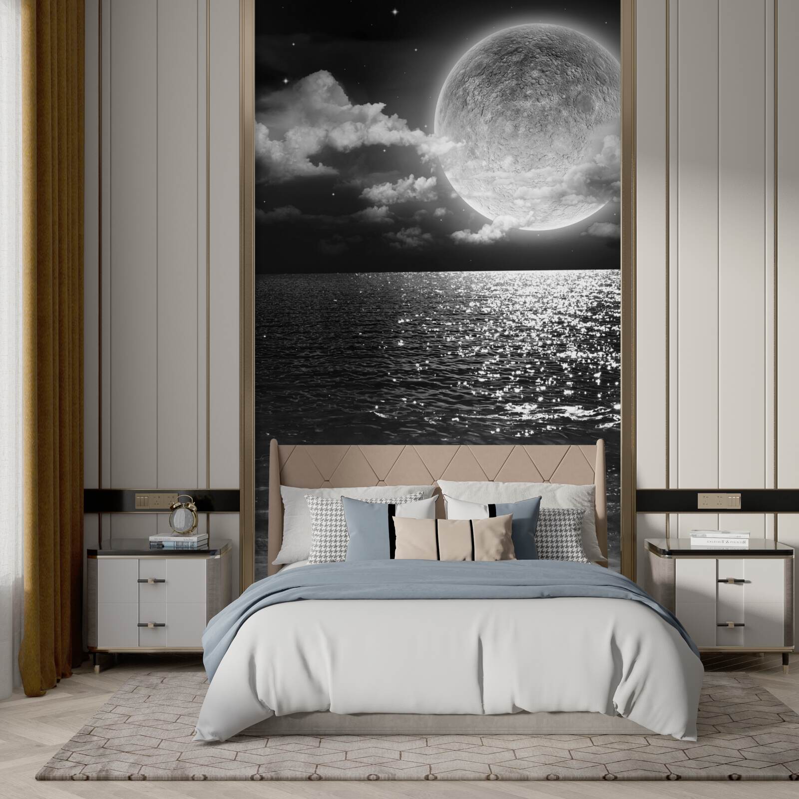 Fototapeta západ slnka nad morom na Mesiaci s čiernym a bielym odtieňom