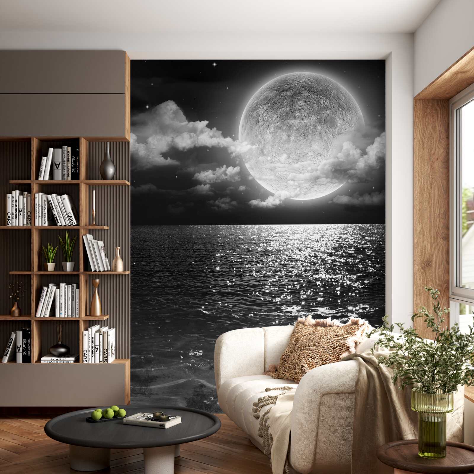 Fototapeta západ slnka nad morom na Mesiaci s čiernym a bielym odtieňom