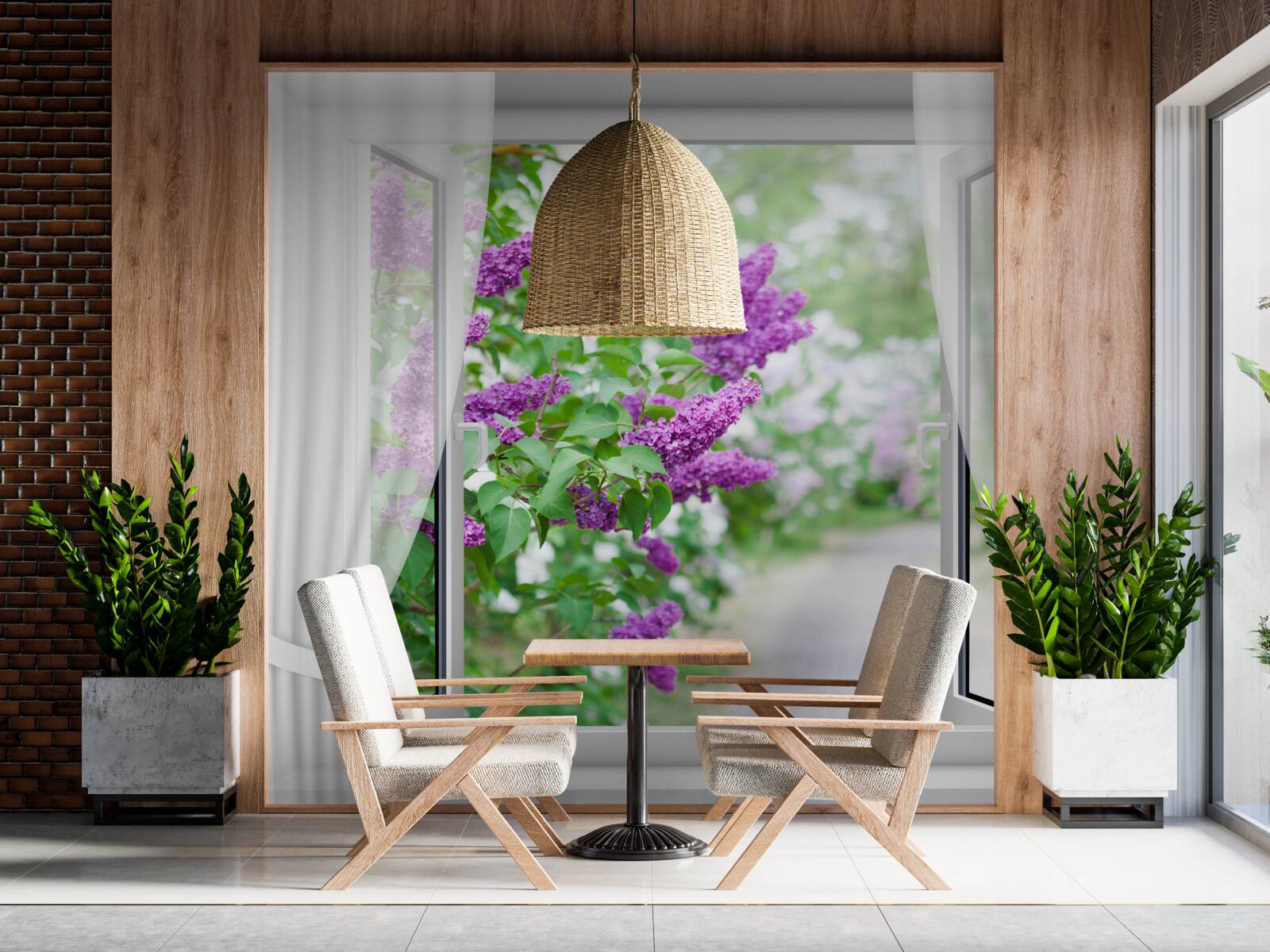 Fototapeta biele okno je zdobené orgovánmi