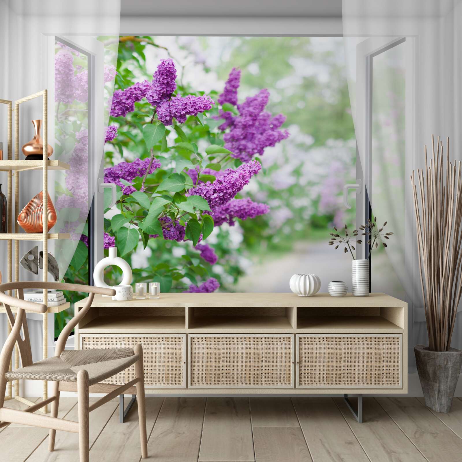 Fototapeta biele okno je zdobené orgovánmi