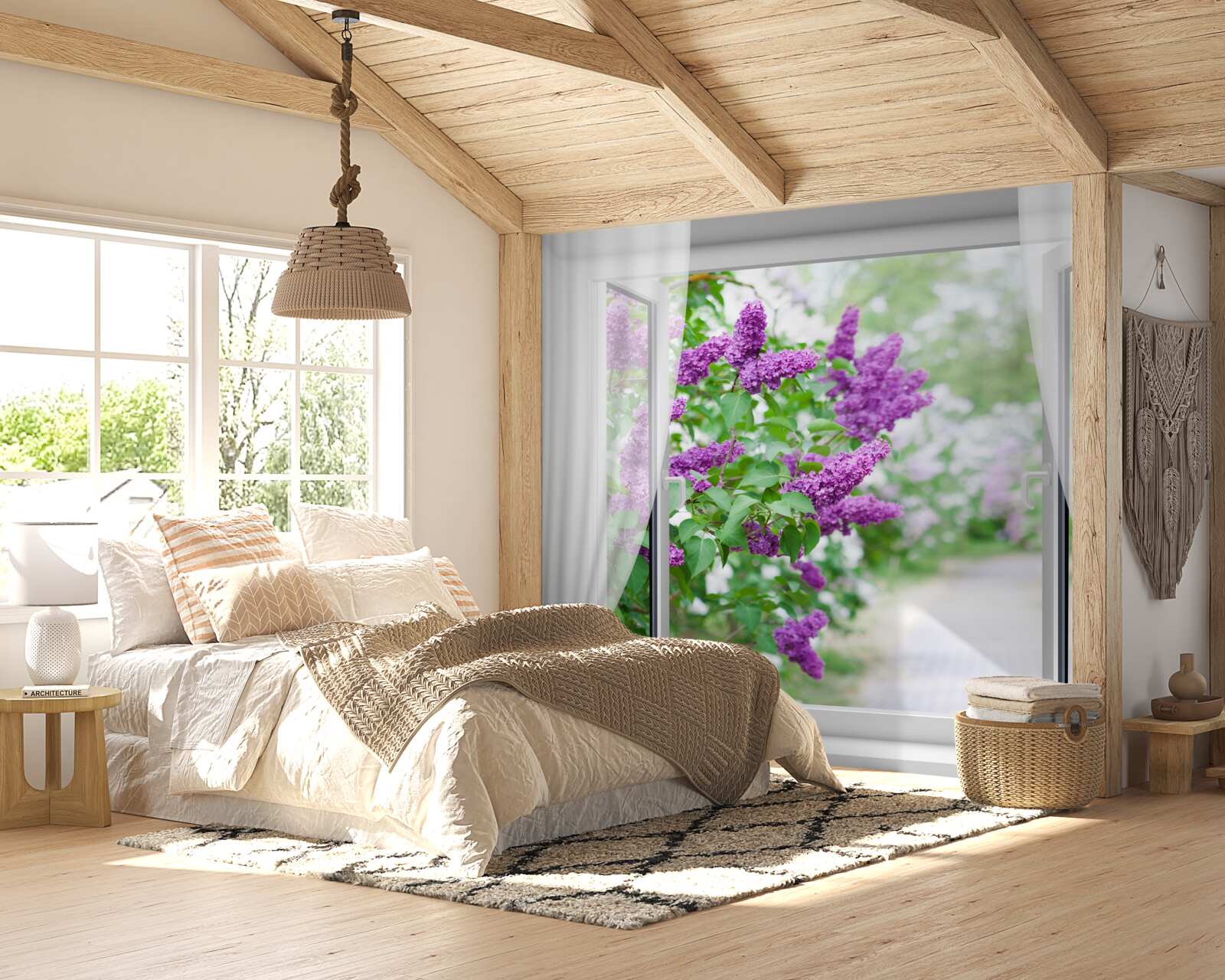 Fototapeta biele okno je zdobené orgovánmi