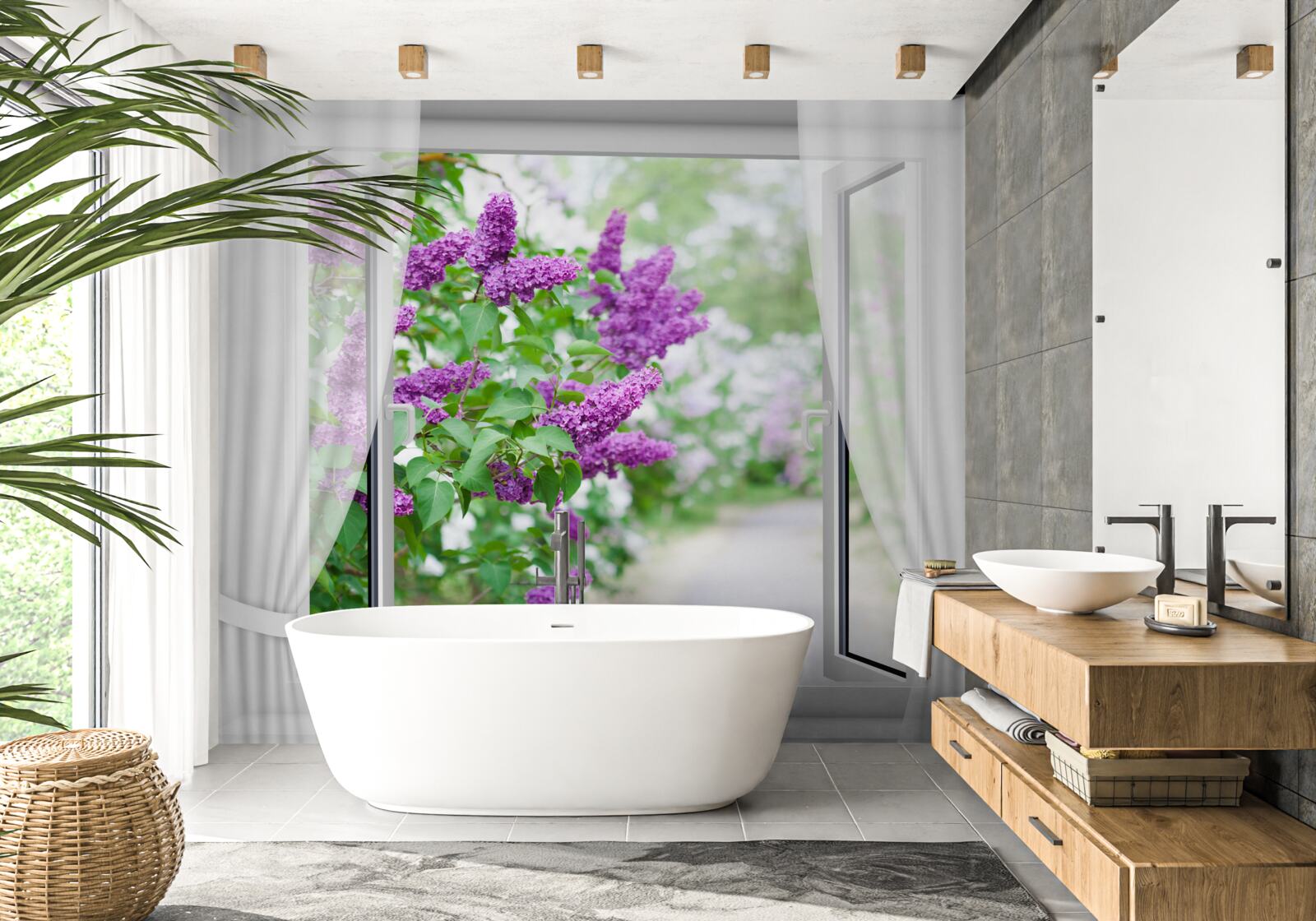 Fototapeta biele okno je zdobené orgovánmi