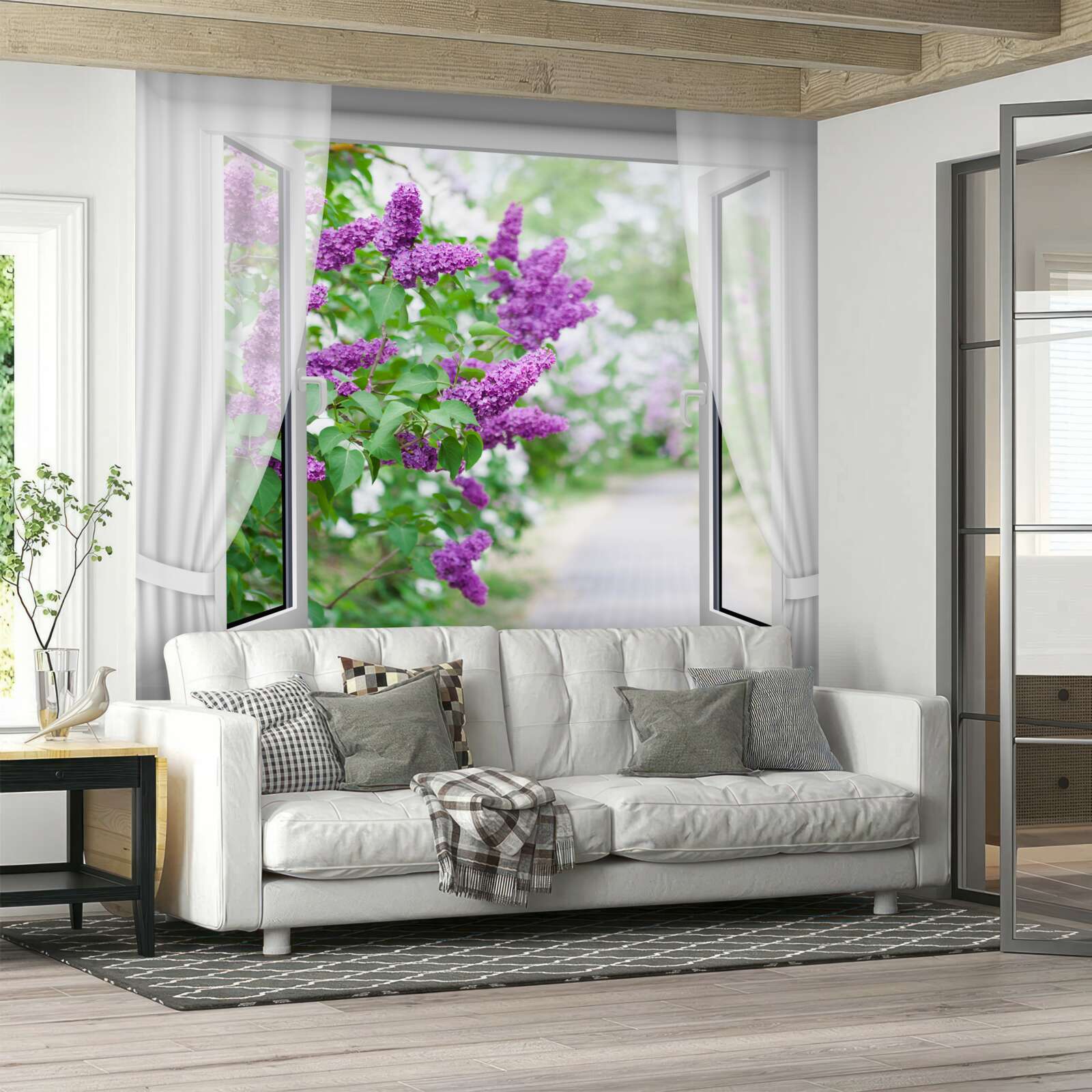 Fototapeta biele okno je zdobené orgovánmi