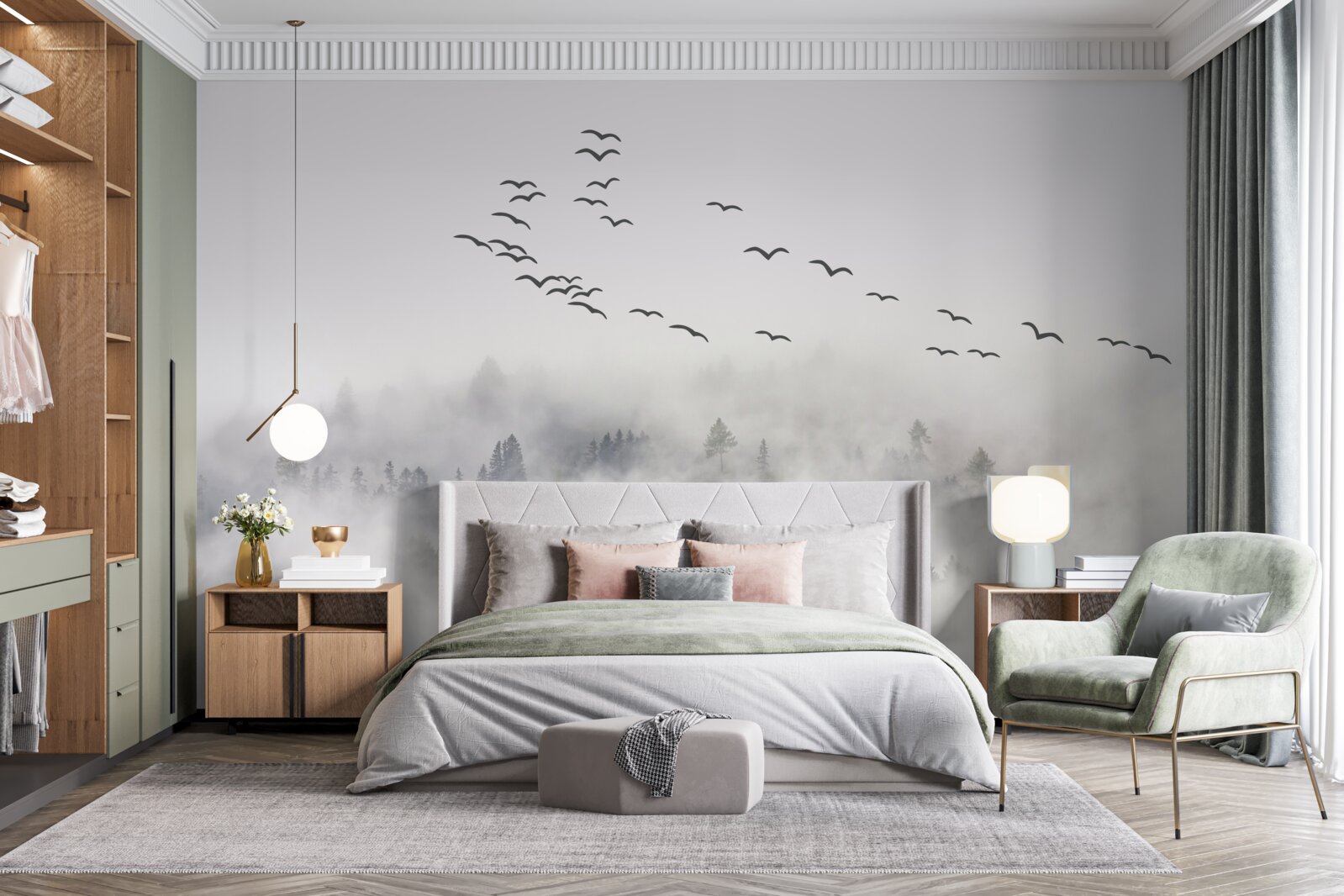 Fototapeta skupina vtákov vyletí z hmly a snaží sa nájsť útulné, teplé krajiny