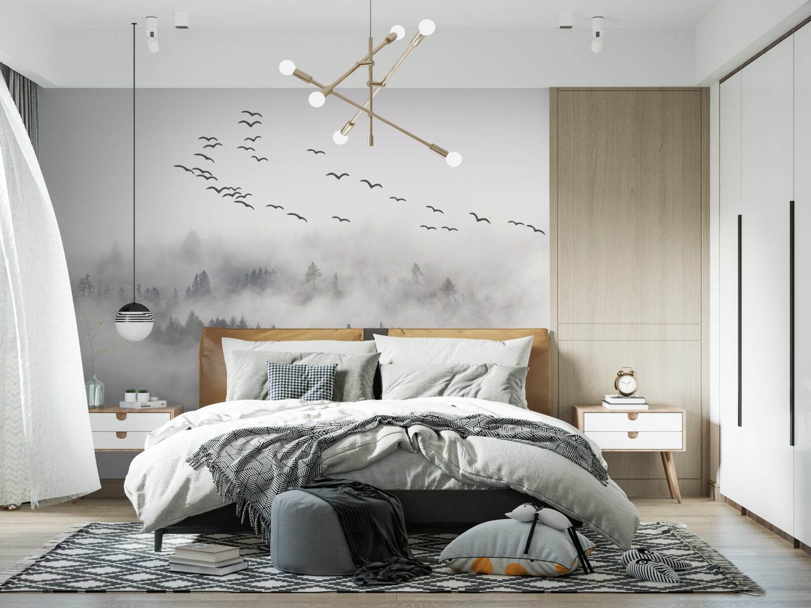 Fototapeta skupina vtákov vyletí z hmly a snaží sa nájsť útulné, teplé krajiny